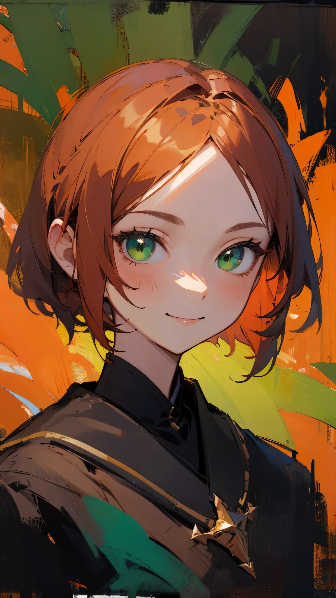 Single Portrait、girl、smile、impression、(Oil painting)、Green and orange tones、orange hair、bob hair、green eyes、Upper Body Closeup