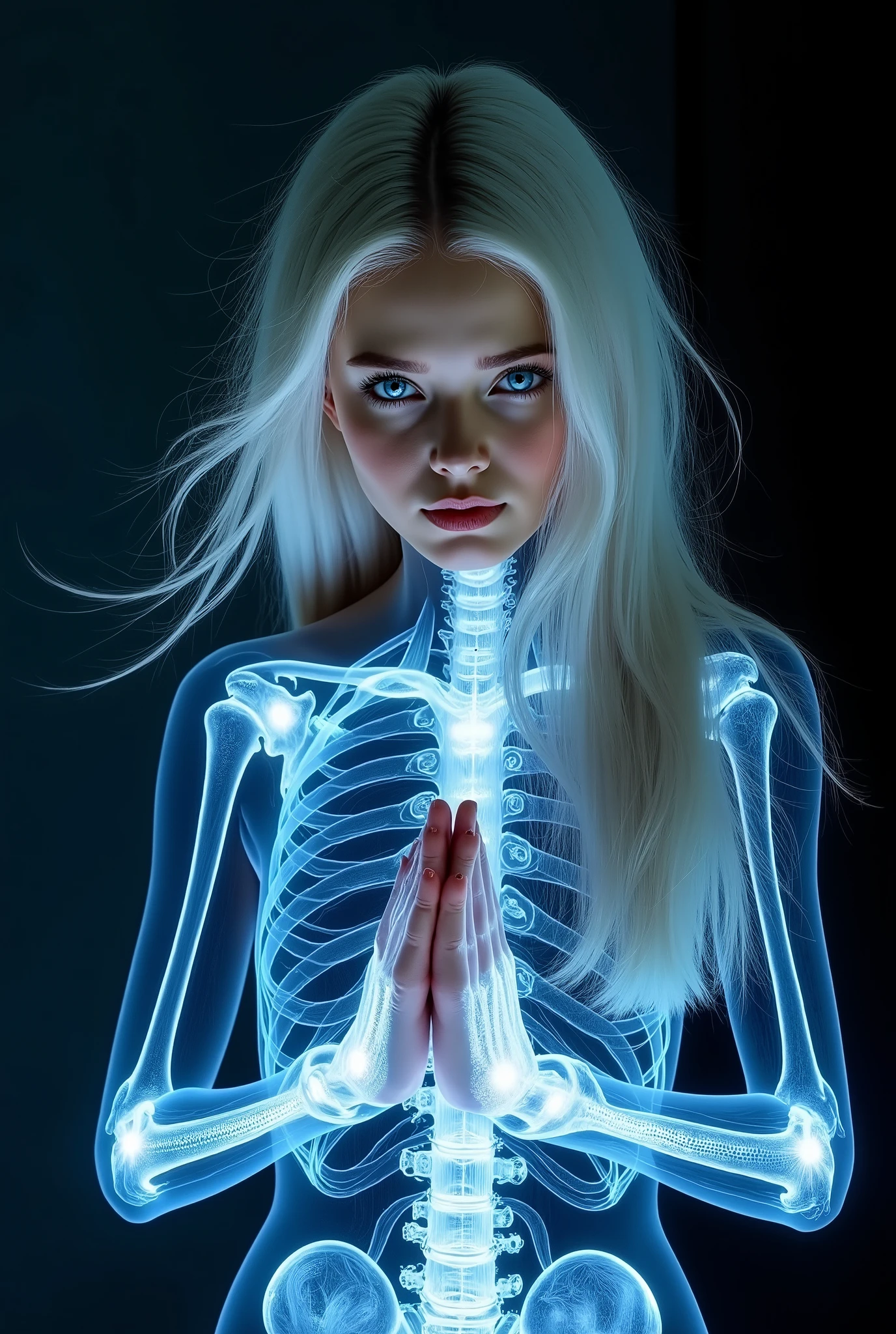 High Quality Photos, beautiful women, Eyes glow blue, Silver Hair, X-ray image of the torso part, full body image, prayer pose, dark room