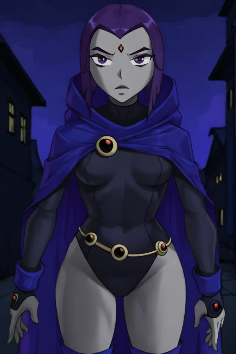 (solo:1.1),(masterpiece), (best quality:1.3), ultra detailed, intricate, professional art, digital art, absurdres, shadraven, (Full body view:1.1), 1girl, solo, (grey skin:1.4), dark purple hair, bob hair, purple eyes, hips wider than shoulders, pear shaped body, jewellery, detailed thighs, thick thighs, red jewel in forehead, jewels, (long sleeved turtleneck leotard:1.3), cuffs, small breasts, (shadraven cloak), (Shadraven broach:1.2), Shadraven jewel belt, Shadraven wearing a long sleeved leotard outside at night, long legs, ( long crotch bulge:1.4), large penis, large testicles, side view, looking at viewer, bubble butt , gluteal crease, universal lighting,,