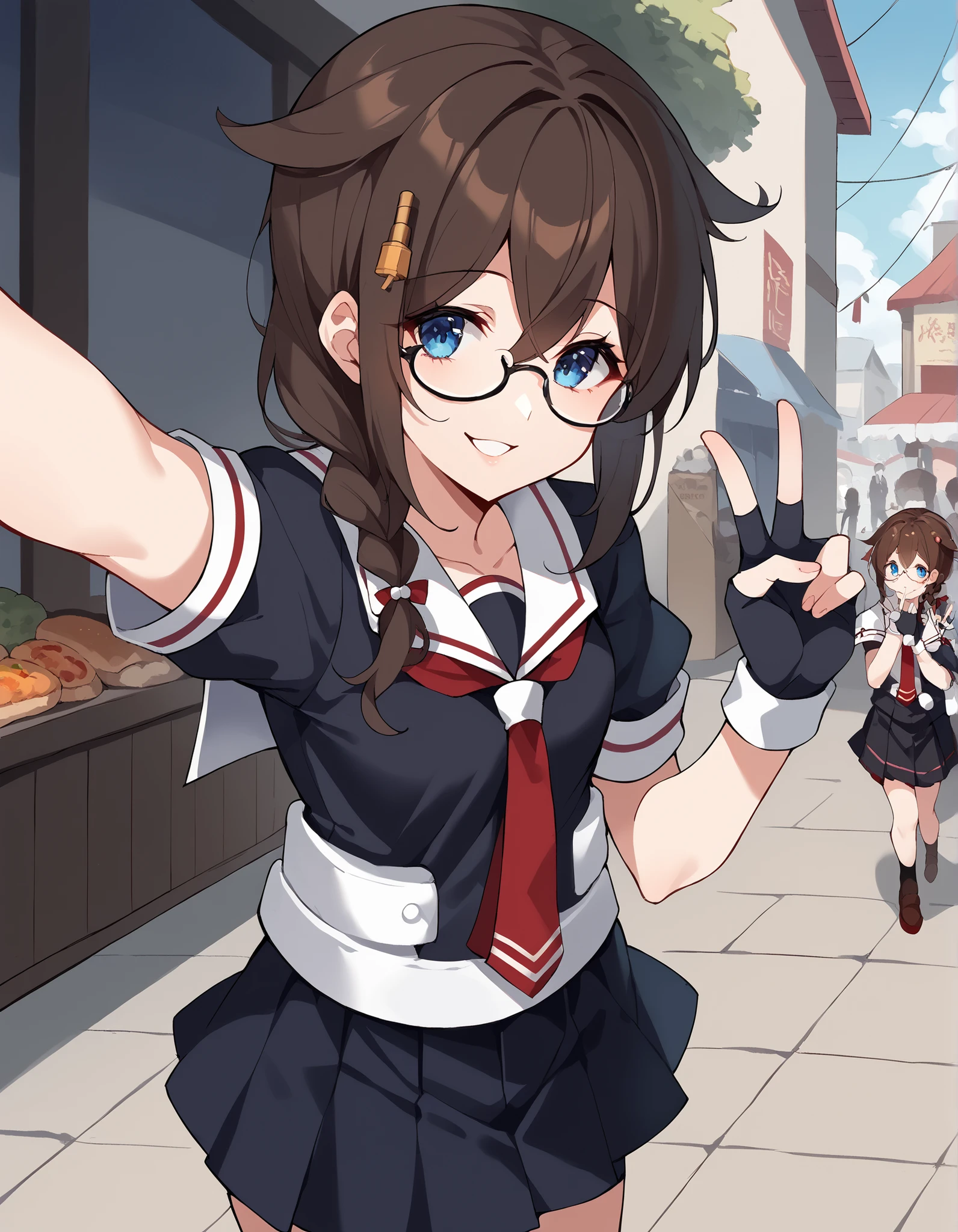 score_9, score_8_up, score_7_up, source_anime, Shigure, Shigure (KanColle), long hair, blue eyes, brown hair, BLACK HAIR, hair accessories, KNITTING GLASSES, stupid hair, single KNITTING GLASSES, Shoulder hair , hair flap,, skirt, gloves, uniform, pleated skirt, sailor suit, fingerless gloves, tie, red tie, black skirt, black shirt, white sailor color , Short sleeve,, street market , vendor, Street Food , A lively crowd, Local Flavors , lively, smile, selfie, arm up, proximity method , Viewer, Extension arm, arrival, arrival towards viewer, v, parted lips, closes one eye, Cowboy Shooting, Viewer, alone,, Cowboy Shooting