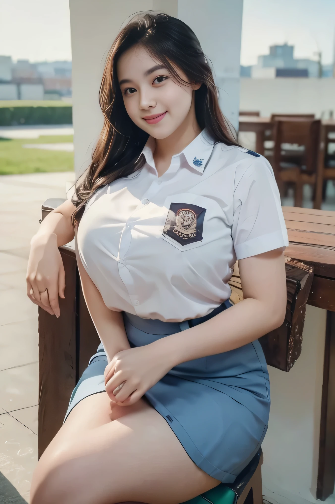 1girl, solo, 19 years old, (uniform), detailed Metropolitan city at the background, portrait, thick breasts, semi-curvy body, smooth realistic skin, cute smile, white shirt, grey blue short skirt, looking at the audience, high angle shot,(8k, RAW photo, best quality, masterpiece: 1.3), (realistic, realistic: 1.37), ultra-high resolution, cowboy shot