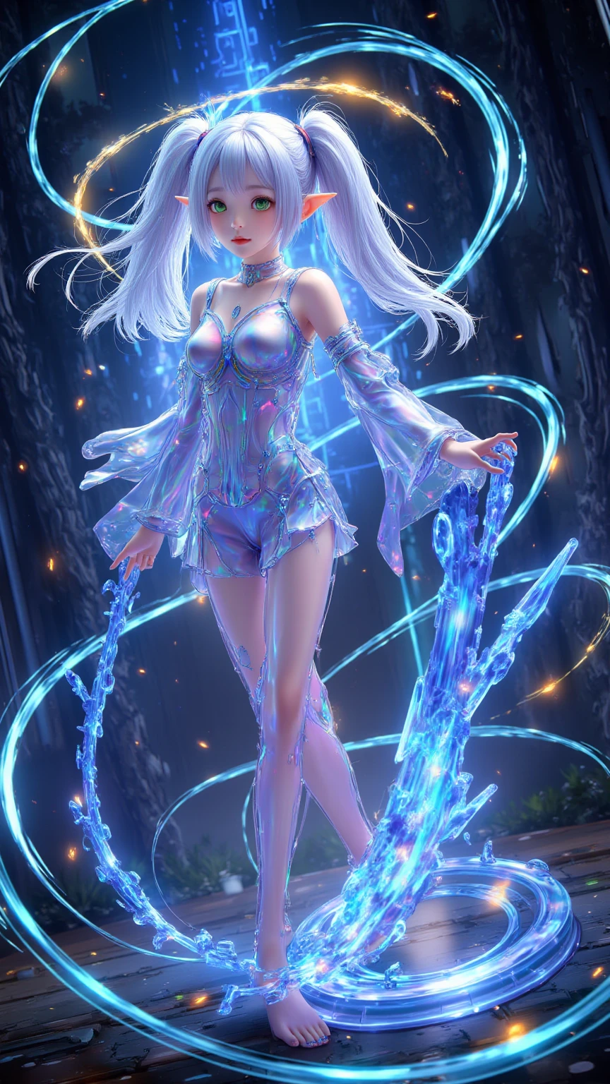 ice tattoos lines like vines appear on the face and arms of a girl ((full body)) with teal mix purple hair. purple eyes. dark-blue hair. wearing a soft crystal diamond glass dress with glass-boots of ice crystals. ((holding a metal moon shape disc around her wrists))"