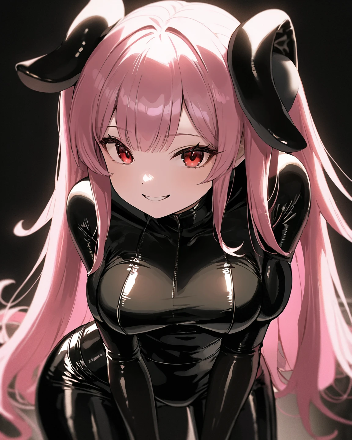 A girl in a garden, (oil painting), beautiful detailed eyes, beautiful detailed lips, extremely detailed face, long eyelashes, pink hair, solo, aru_(blue_archive), horns, halo, ((watching sex, netorare, ntr, blacked)), latex suit, dominatrix outfit,