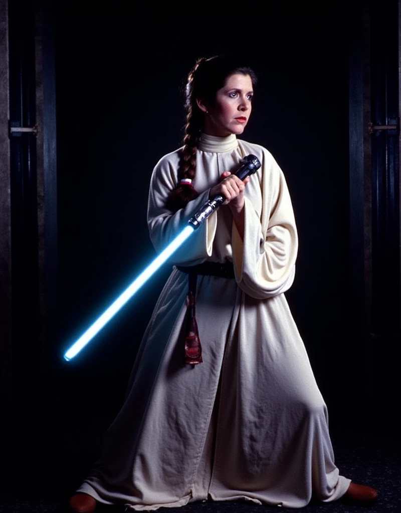 Carrie Fisher, wearing a Jedi robe , , she is holding a full-length blue lightsaber, a strict view, long sleeves, hair twisted, long braid , in a closed dark room, fighting stance, 1974 photo, retro,