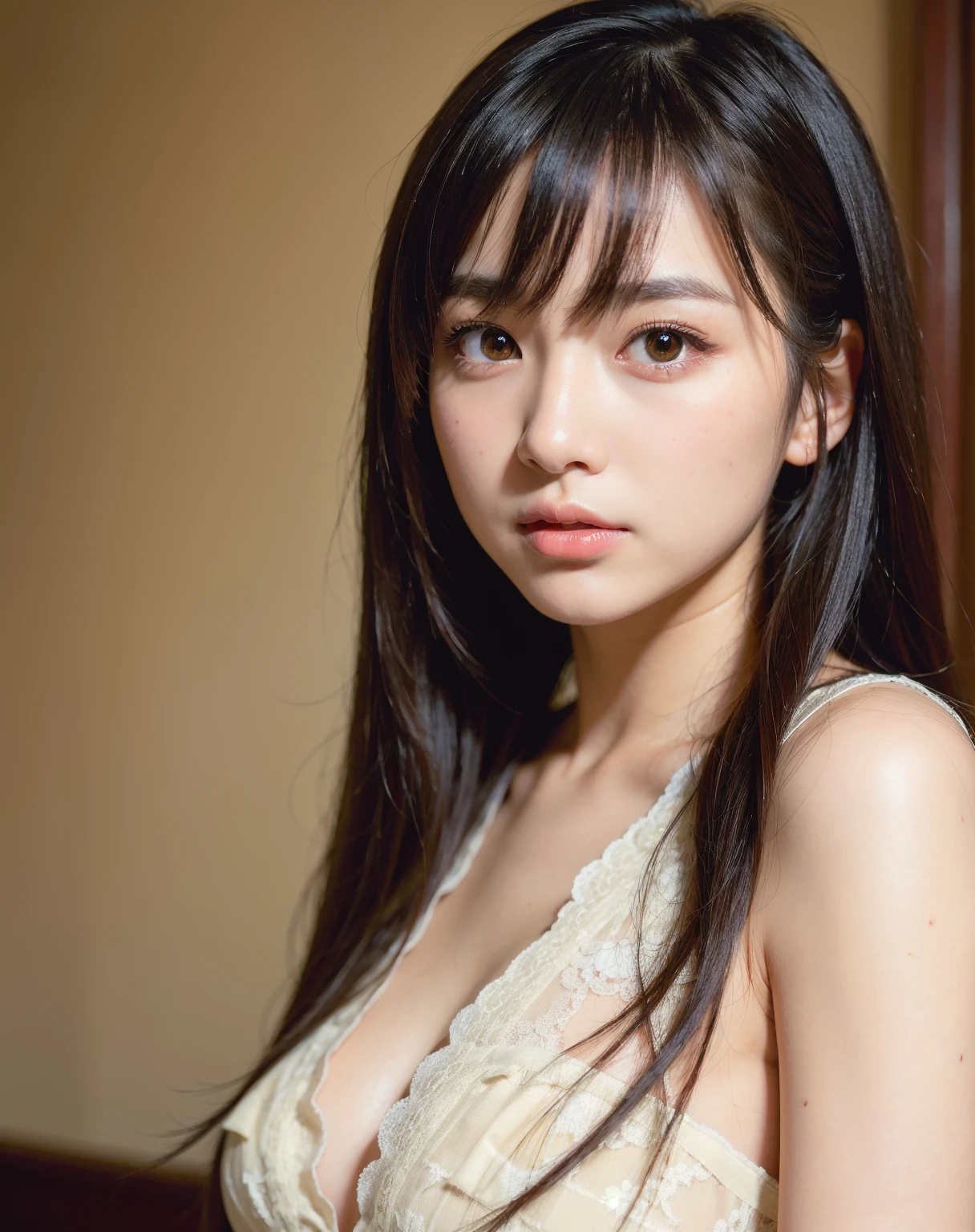 best quality, face focus, soft light, ultra high res, (photorealistic:1.4), RAW photo,
1japanese girl, solo, cute, (pupil, lights in the eyes), detailed beautiful face, (small chest),(high resolution detail of human skin texture), (long hair), indoor, top torn open exposing breasts, rest of uniform intact
