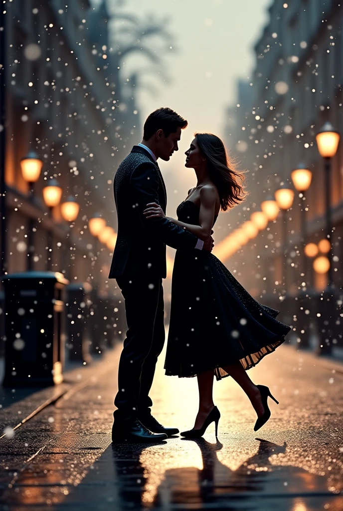 Woman and man standing on a sidewalk. He has just twirled her and is now dipping her. They are embracing together as if they have just finished dancing. It's night time and it's snowing. The man is clean shaven. it's a modern setting, they are wearing modern formal clothes. They both have coats on, his coat is maroon, hers is dark green and long, you can tell that she is wearing a shorter dress underneath and heels. Oil painting style.