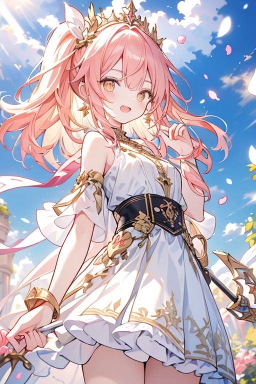 (masutepiece), ((Highest Quality)), (super detailed), ((Very delicate and beautiful)), (Incredibly absurd))), (Perfect body))), 1 girl, Glowing White Particles, Fighting, Holding_Sword, Blonde Bob, Red Eyes, Seventeen years old, plein air, skyporn, Aurawhole body, Big, White tattered dress, Bare shoulders, Small Smile, Sea + Background, Wind, Perfect hands, Hand Details, Modified finger. earrings, up looking_で_viewer, Cowboy Shots, rich detail, Perfect image quality