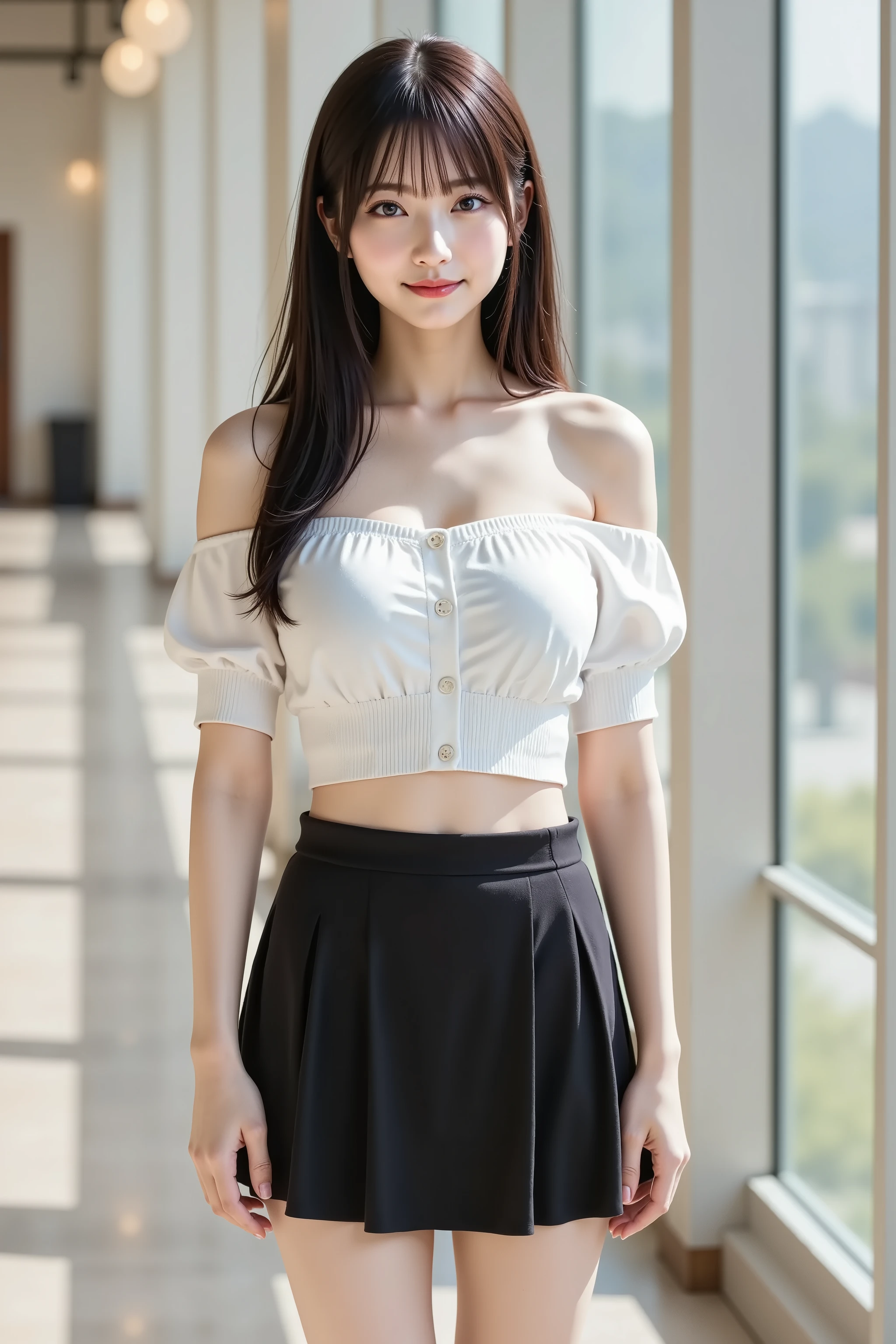misaki, firm breasts, ultra-high-resolution 8K CG illustration of a Japanese woman portrayed in a portrait. She is standing inside a spacious glass-walled room, with natural daylight streaming through large transparent windows that surround the background. The composition is carefully framed so that her entire head is fully included without cropping, positioned precisely at the vertical and horizontal center. She has symmetrical facial features, pale skin, almond-shaped dark brown eyes, straight bangs, and long black hair flowing over her shoulders and chest. Her expression is calm, with a soft closed-mouth smile. She wears an off-shoulder white crop top with elastic gathers around the neckline and sleeves, exposing her shoulders and midriff. The fabric has a few vertical button details at the center. Paired with the top is a solid black high-waisted mini skirt that flares slightly, with clean folds and a light reflective texture. Her arms rest gently at her sides, fingers slightly bent. The lighting is soft and ambient, with gentle highlights across her collarbones, shoulders, and legs. Her legs are bare below the skirt, with no footwear or accessories present. There are no props or external objects around her. The interior environment is sleek and modern, defined by transparent walls, visible steel window frames, and a bright indoor atmosphere. No outdoor elements, grass, or trees are visible. The entire image is rendered in Unity-style CG with high surface detail, realistic skin shading, smooth fabric rendering, and balanced lighting. The subject stands naturally in a full-body portrait composition, with a symmetrical and stable layout that emphasizes her pose, clothing, and environment in a photorealistic style.