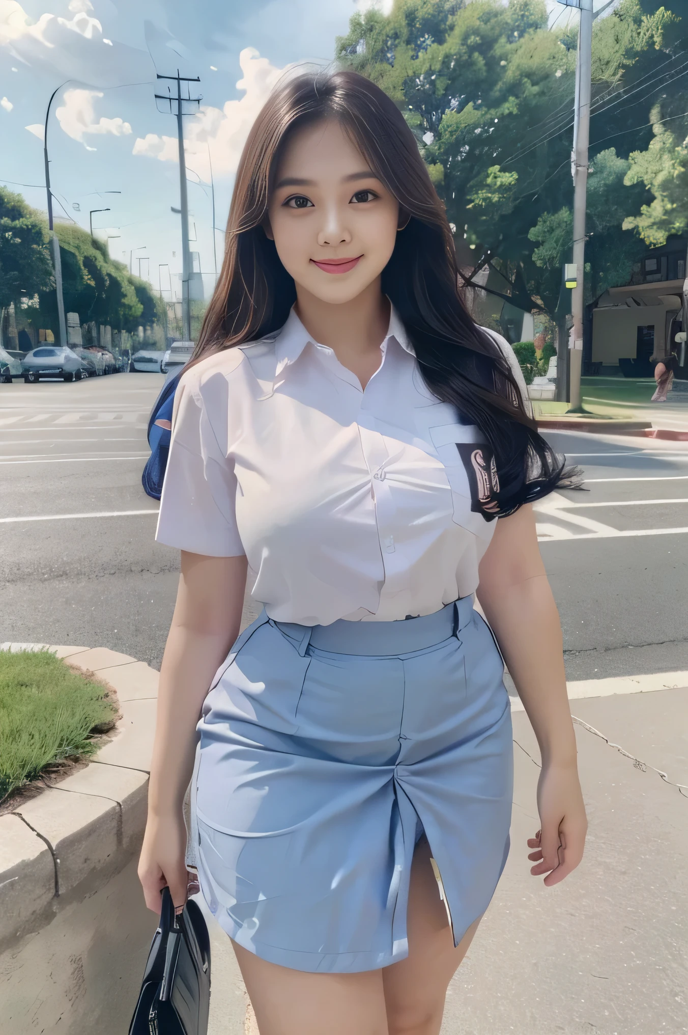 1girl, solo, 19 years old, (uniform), detailed Metropolitan city at the background, portrait, thick breasts, semi-curvy body, smooth realistic skin, cute smile, white shirt, grey blue short skirt, looking at the audience, high angle shot,(8k, RAW photo, best quality, masterpiece: 1.3), (realistic, realistic: 1.37), ultra-high resolution, cowboy shot