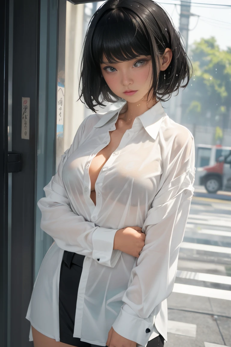 (high-level image quality、high-detail、hightquality、hight resolution、Draw everything in high resolution、masuter piece)、Very intense crystal light blue eyes、Very beautiful blue eyes、Small diamond-shaped earrings、Look firmly at the camera、Keep an eye on your audience、Put your ears out、short black hair with a beautiful sheen,,、Beautiful very short beautiful hair with bangs、Show off all the beautiful décolletés、Beautiful 28 years old、lipgloss、long neck、Laughing very happily、Smiling very happily、Beautiful teeth alignment、Beautiful teeth、Beautie、Pretty Woman、Business shirt with a snow-white collar with open chest、A pure white blouse that opens to the chest、Shirt with rolled up sleeves、Wide Open Color、illuminate the back with very strong light from the windowsill,、Very immaculate background、Really snow-white background、Slightly bigger eyes、Brings intense light to the eyes、Rather wide shoulders and beautiful、tall supermodel、Long-legged supermodel、Female sexy、tilt your face slightly、Turn your face slightly to the right、Get closer to your audience、Watch your audience closely、