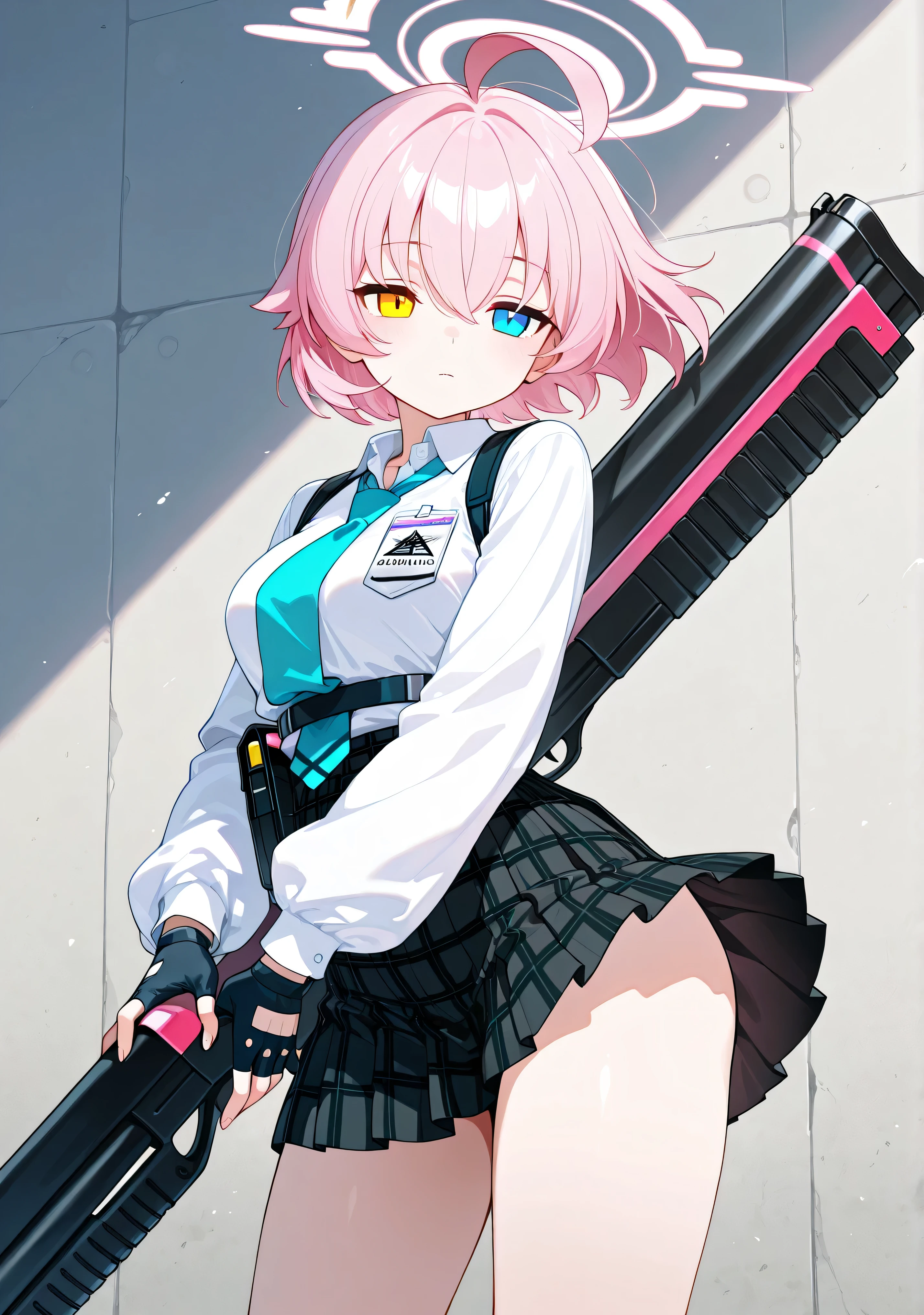 8k wallpaper,Masterpiece, high quality, amazing quality, very aesthetic, absurd, latest, Masterpiece, high details,solo, 1girl, zzHoshino, pink hair, hair between eyes, blue eyes, yellow eyes, heterochromia, short hair, pink halo, black skirt, blue sleeveless jacket, collared shirt, plaid skirt, pleated skirt, mini skirt, white shirt, black gloves, fingerless gloves, puffy long sleeves, floating hair, big breasts, (blushing), standing, emotionless face, cold expression, thighs, hand hold big shotgun,