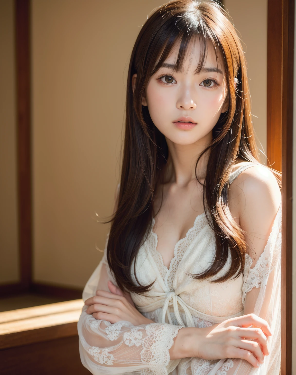 --- The image depicts a beautiful Japanese girl.。Her characteristics are、With beautiful long hair in a mix of pale pink and blue hues、Large, clear eyes。The background is simple and based on white.、Highlights her beauty。

The beautiful girl is wearing a shiny white outfit that feels like thin silk.。This costume is、Reflects soft light to create rainbow highlights、It creates a fantastic atmosphere。Her pose is facing forward、The characteristic of this figure is that she is looking at the camera with her head slightly bowed.。hereby、Her delicate and fragile expression is emphasized.。

As a photographic technique、The handling of light is very skillful、The soft focus effect is used to create a soft impression.。Also、The contrast between light and shadow is subtle、The overall result is a super-realistic, photo-realistic finish with a soft and smooth texture.。The vertical composition captures her whole figure.、It enhances the presence of a beautiful girl.。