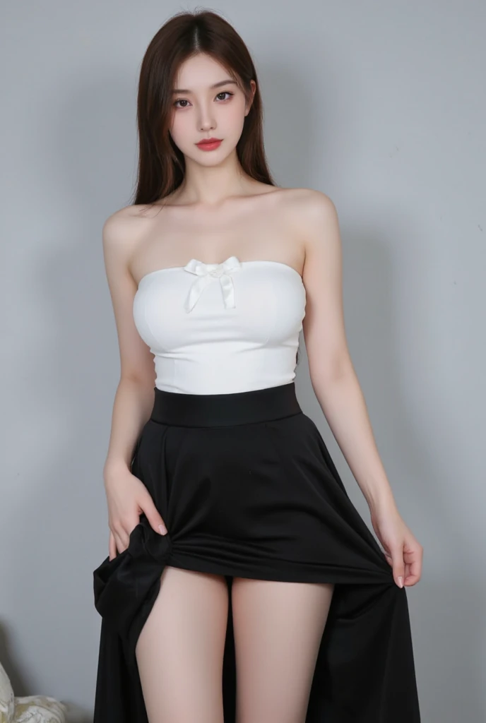 1girl, woman, masterpiece, best quality, highest quality, cinematic lighting, (volumetric lighting), extremely detailed CG unity 8k wallpaper, focused, 8k wallpaper, extremely detailed, ultra realistic, photorealistic, sharp focus, absurdres, (HDR:1.2), (high contrast), photograph, detailed and intricate, instagram, portrait, highly detailed, digital painting, artstation, concept art, smooth, sharp focus, illustration, cinematic lighting, (natural big breast), black short skirt, eyes looking at the viewer, ((medium shoulder)), (skinny legs), (slender body), (((height 163cm))), (HQ skin:1.4, Realistic human body structure), (Full body:1.3), (Close up photo), (knit crop tanktop, very short skirt), (real skin of thighs)