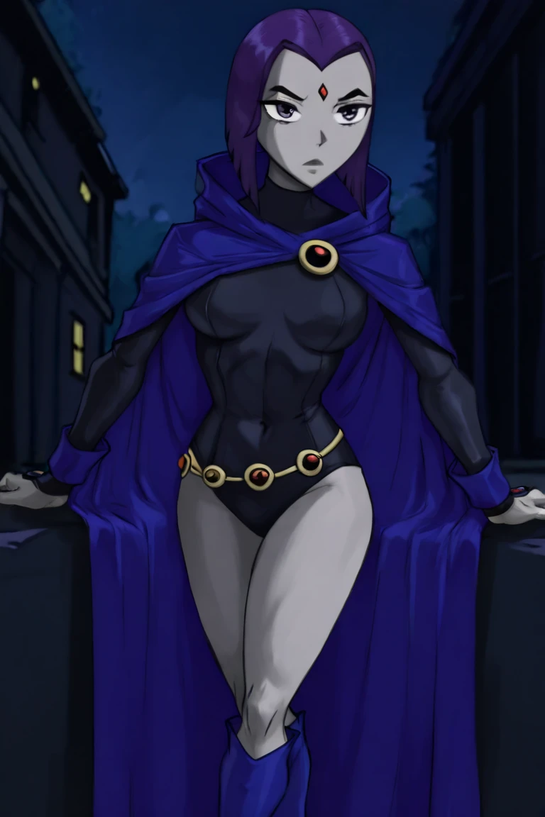 (solo:1.1),(masterpiece), (best quality:1.3),, (ultra detailed), (intricate), professional art, digital art, absurdres, shadraven, (Full body view:1.3), (far away view:1.1), 1girl, solo, (grey skin:1.4), dark purple hair, bob hair, dark purple eyes, hips wider than shoulders, pear shaped body, jewellery, detailed thighs, (thick thighs:1.3), red jewel in forehead, jewels, (long sleeved turtleneck leotard:1.4), (Red jewel Belt), (red jewel brooch), cuffs, small breasts, nipple bulge, (raven long dark purple hooded cape), (Shadraven brooch:1.2), Shadraven jewel belt, Shadraven wearing a long sleeved leotard with fingerless gloves and ankle boots and a hooded cape, (long legs:1.3), ( detailed long thick veiny crotch bulge with veins showing through clothing:1.4), large penis, large testicles, (side view), looking at viewer, (bubble butt) , gluteal crease, universal lighting,(Detailed ass),