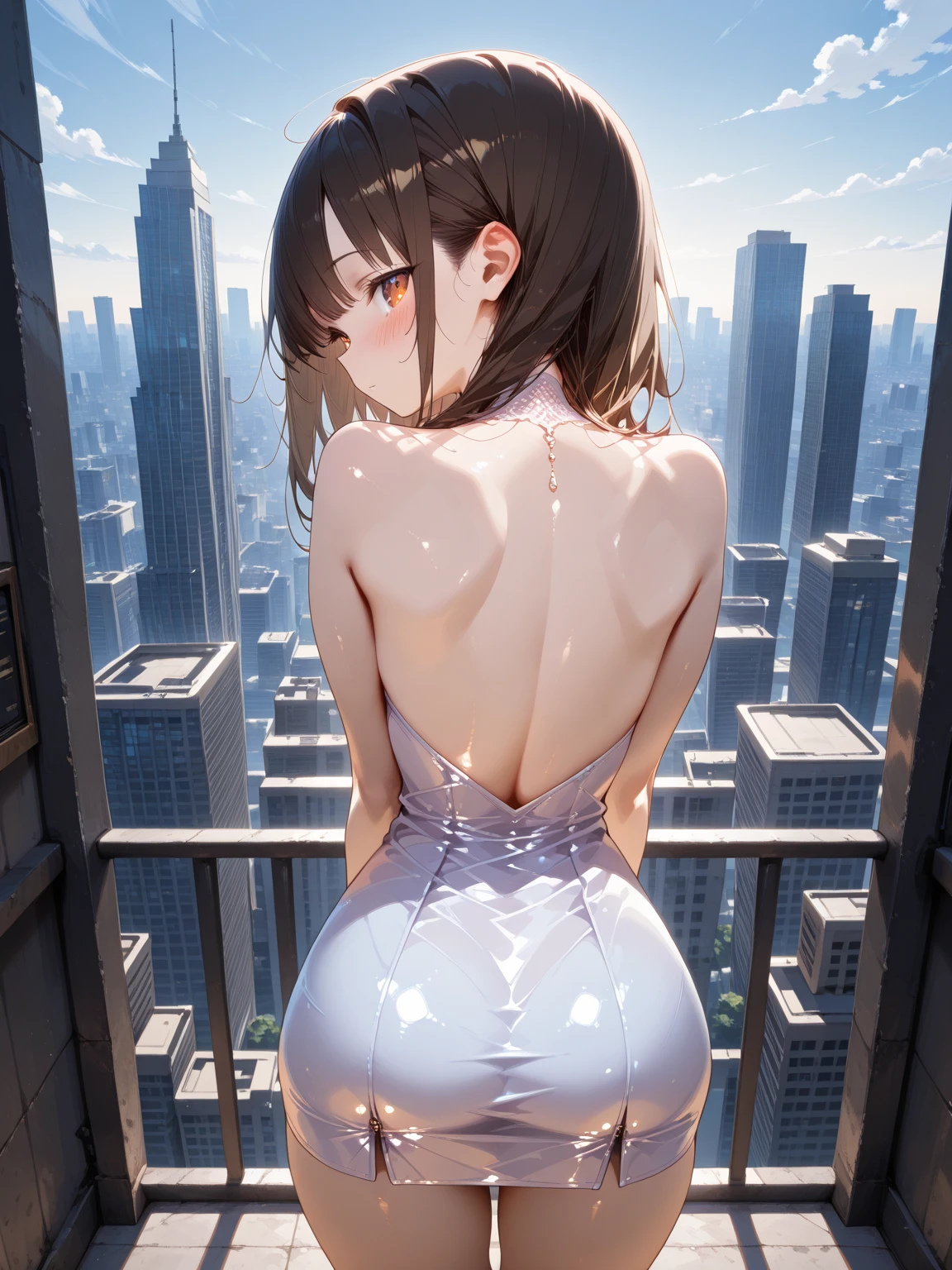 highest quality、High resolution、Detailed Background)、(Highly detailed beautiful face:1.4)、cute teenage girl、Brown hair or cute hair color、Huge breasts、Realistic、Perfect body line、Thick thighs、Attractive big ass、cute、Beautiful girl taller than a building、aerial photograph、aerial photograph、Sit in the building、Destroying the city with a smile、 (A giant girl bigger than a skyscraper destroys the city of Shibuya:1.5)、cute、 bikini、cute、Lying down