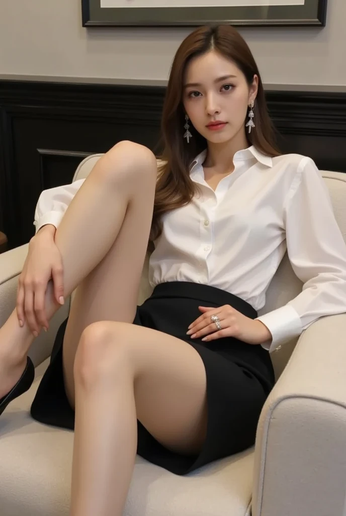 Arad woman sitting on sofa in high heels and white shirt, korean girl, sexy style, gorgeous young korean woman, korean female fashion model, beautiful korean woman, elegant seductive pose, sexy girl, sexy look, photo of slim girl model, korean woman, sexy pose, beautiful korean young woman, smooth white tight clothes suit, very sexy outfit, smooth foot skin