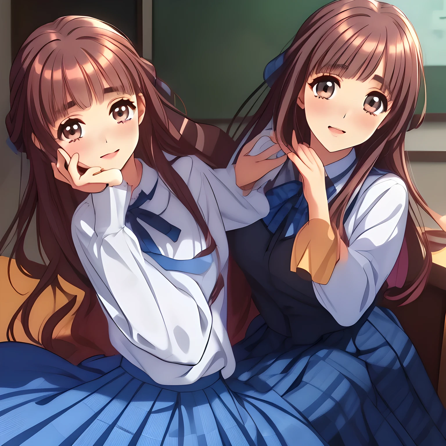(highest quality, masterpiece:1.2), highest quality, High resolution, 1080p, 8K, (A group of beautiful pretty noble slender succubi of (love-story comic heroines) are giving pleasure the viewer's straight engorged one with their lips and kiss)) from right and left and front and back, Forcibly extracting everything from the viewer with girls hands squeezing, the viewer can't stop coming out to them, (intelligent and perfectly balanced slender style), neat & clean, lovely strong charm: 1.8), ((white grown face)), (Using expensive whitening cosmetics by cosmetics artist: 1.2), Glossy lips, (curled) bangs, (Too beautiful blue fascinating shiny (double-lidded) (brown eyes) with love to the viewer, ((deep upper girly eyelid)), ((huge eye pupils)), laughing with detailed clearly: 1.5), (((Dark blue blazer school uniform with cute ribbon-tie)), (A very neat, ((realistic), (dark-blue) pleated blue school (beautifully checkered) skirt): 1.6), (Their Lips are touching the viewer's one: 1.5),  (The girls know well about the viewer's super fetishism for school uniforms and skirt, and satisfies it completely: 1.9), (Everything is organized to have strong effect of hypnosis for the viewer to fall into madness for many beautiful girls: 1.8)