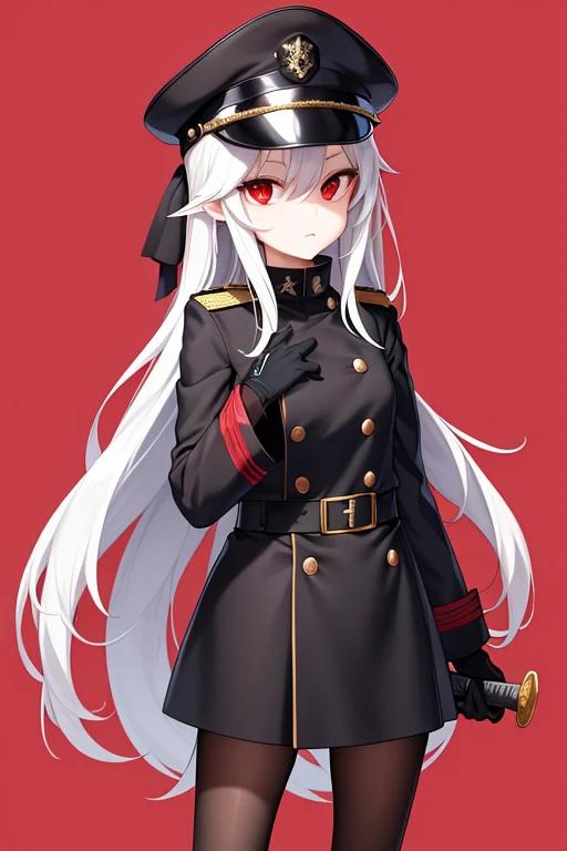 Black german world war 2 outfit, young 18 year old female, white hair, red eyes, serious expression, war background, anime style, having a meeting with her german officers.