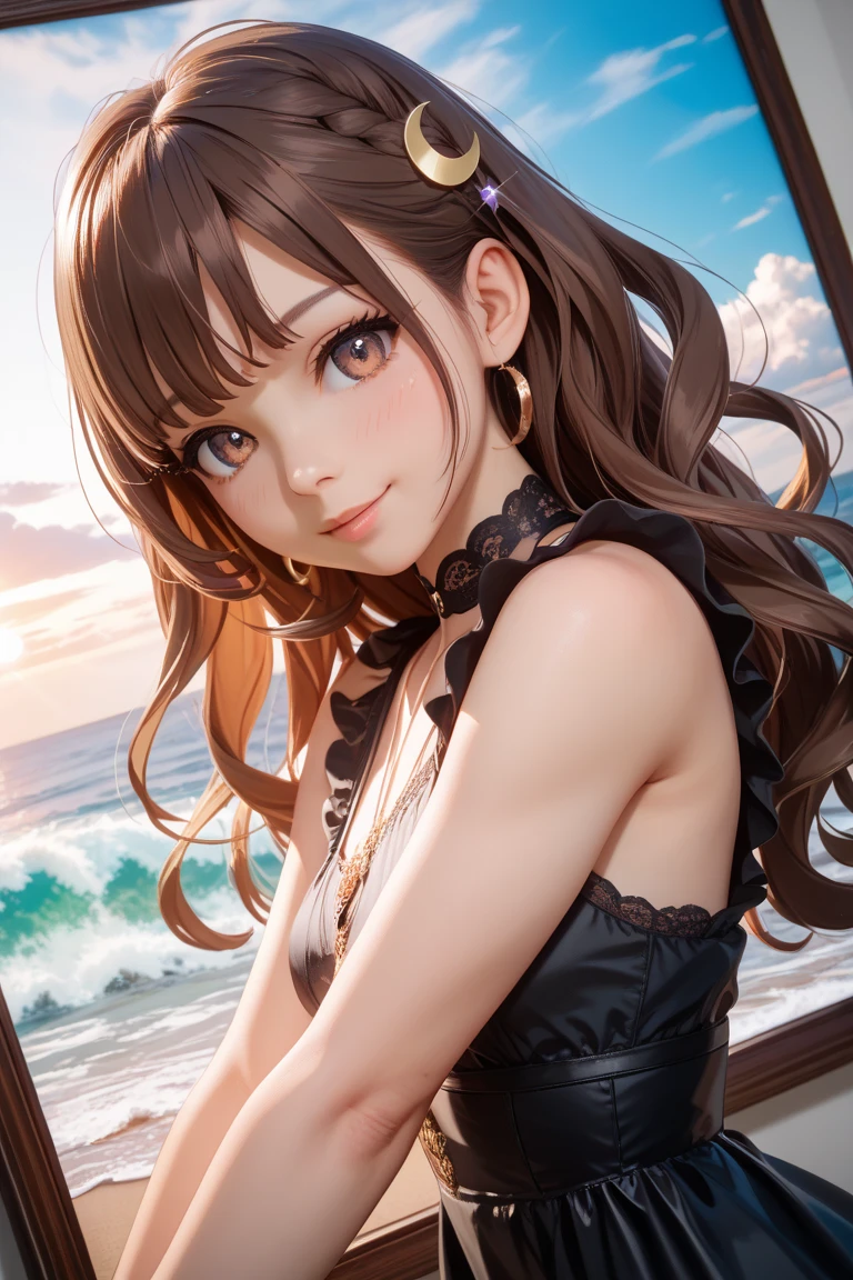 ((Masterpiece)), ((best quality)), (Anime:1.3), (psychedelic art:1.5), (High Definition:1.3), (Professional Photography:1.4), (wide shot), (sharp focus), (perfect light), ((12 years old)), 1girl, (Big smile and blush), (Glossy lips), upper body, (put on bunny ears), ((wearing Playboy_bunny)), (loose blunt bangs), high ponytail, pale brown hair, small breast, cute hips, BREAK, ((best quality)), ((Salute Pose)), (mist effect:1.3), Beautiful Horizon Background, sunset, paper texture