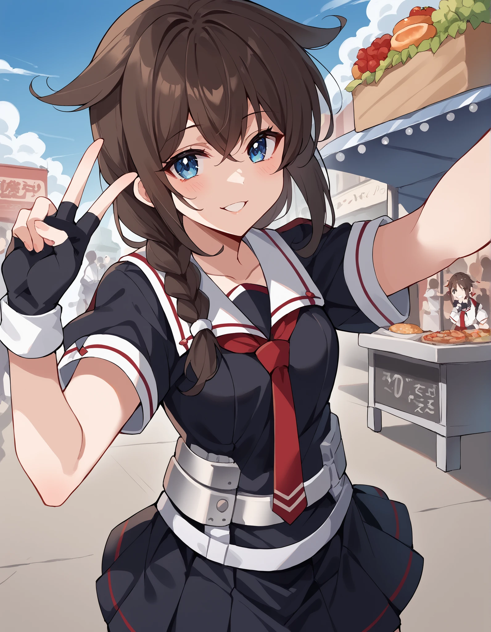 score_9, score_8_up, score_7_up, source_anime, Shigure, Shigure (KanColle), long hair, blue eyes, brown hair, BLACK HAIR, hair accessories, 三つ編み stupid hair,  single braids ,  Shoulder hair ,   hair flap,, skirt, gloves, uniform, pleated skirt, sailor suit, fingerless gloves, tie, red tie, black skirt, black shirt, white sailor color , Short sleeve,,   street market  , vendor,  Street Food , A lively crowd, Local Flavors , lively, smile, selfie, arm up,  proximity method , Viewer,  Extension arm,  arrival,  arrival towards viewer, v, parted lips, closes one eye, Cowboy Shooting, Viewer, alone,, Cowboy Shooting
