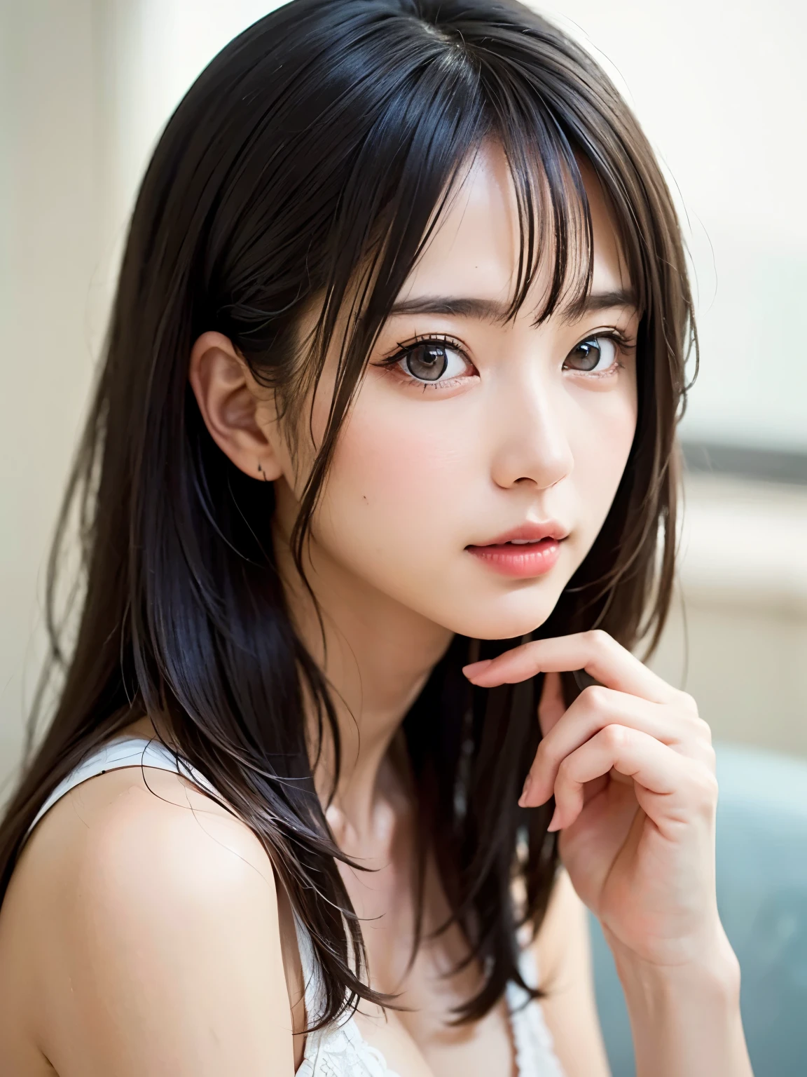 highest quality, Face Focus, Soft Light, Ultra-high resolution, (Realistic:1.4), RAW Photos,
1 Japanese girl, alone, cute, (student, Light enters the eyes),  beautiful, Detailed face, (Small breasts),(High resolution details of the human face.),
(Long Hair),
indoor,
Dark red camisole,
(Portraiture)