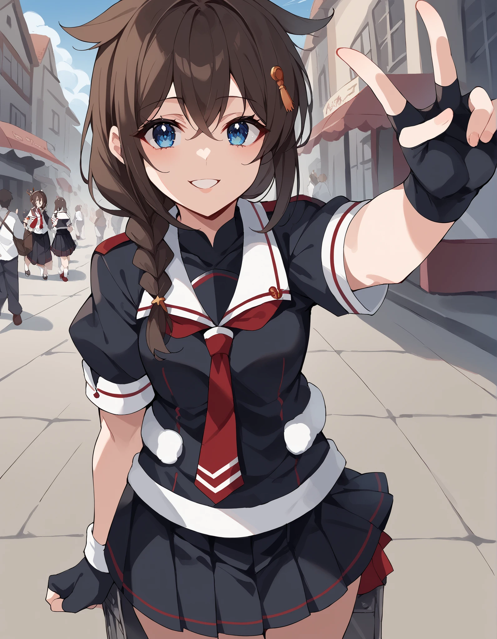 score_9, score_8_up, score_7_up, source_anime, Shigure, Shigure (KanColle), long hair, blue eyes, brown hair, BLACK HAIR, hair accessories, 三つ編み stupid hair, single braids , Shoulder hair , hair flap,, skirt, gloves, uniform, pleated skirt, sailor suit, fingerless gloves, tie, red tie, black skirt, black shirt, white sailor color , Short sleeve,, street market , vendor, Street Food , A lively crowd, Local Flavors , lively, smile, selfie, arm up, proximity method , Viewer, Extension arm, arrival, arrival towards viewer, v, parted lips, closes one eye, cowboy shooting, Viewer, alone,, cowboy shooting