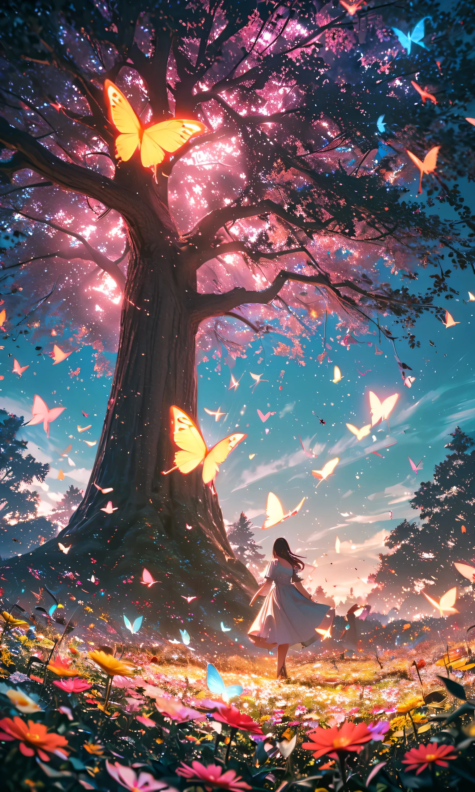 lots of butterflies are dancing in the air), beautiful sky from the light source, summer,Colorful Flowers Blooming Everywhere々, Mysterious and dreamy ,Big Tree,quality\(8k,CG wallpaper, masterpiece,high resolution,top-quality,surrealism,increase resolution,RAW photo,Best quality,very well detailed,light,ray tracing, golden ratio)