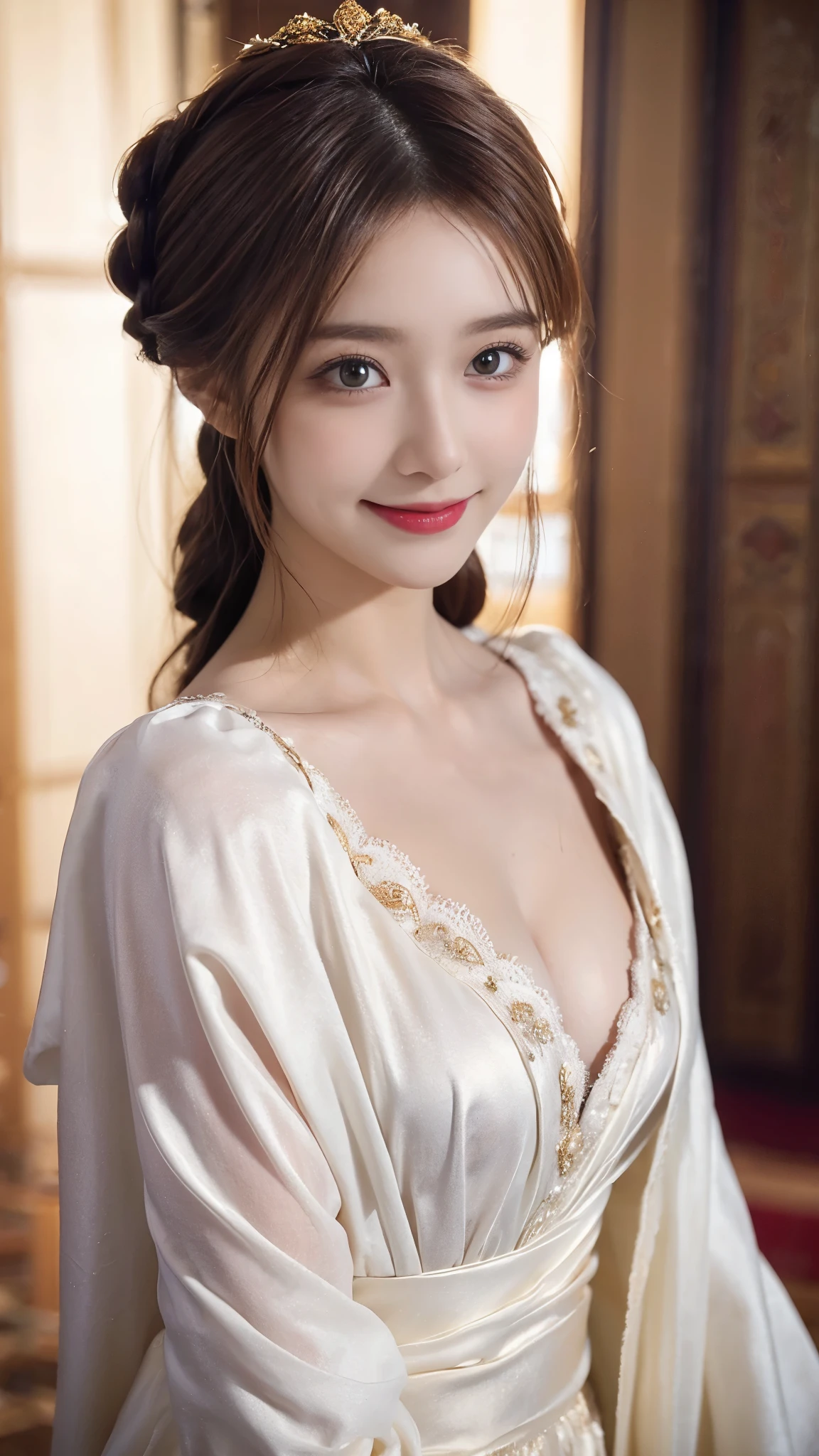 ((Highest quality, 8K, masterpiece: 1.3)), One girl, The beauty of slim abs: 1.3, (Casual Hairstyles, :1.2), Loose dress, Super detailed face, Delicate eyes, double eyelid, smile. Take a photo with a cute pose, Very low number, Narrow waist, Big Breasts, Nipples,close, close, Beautiful background