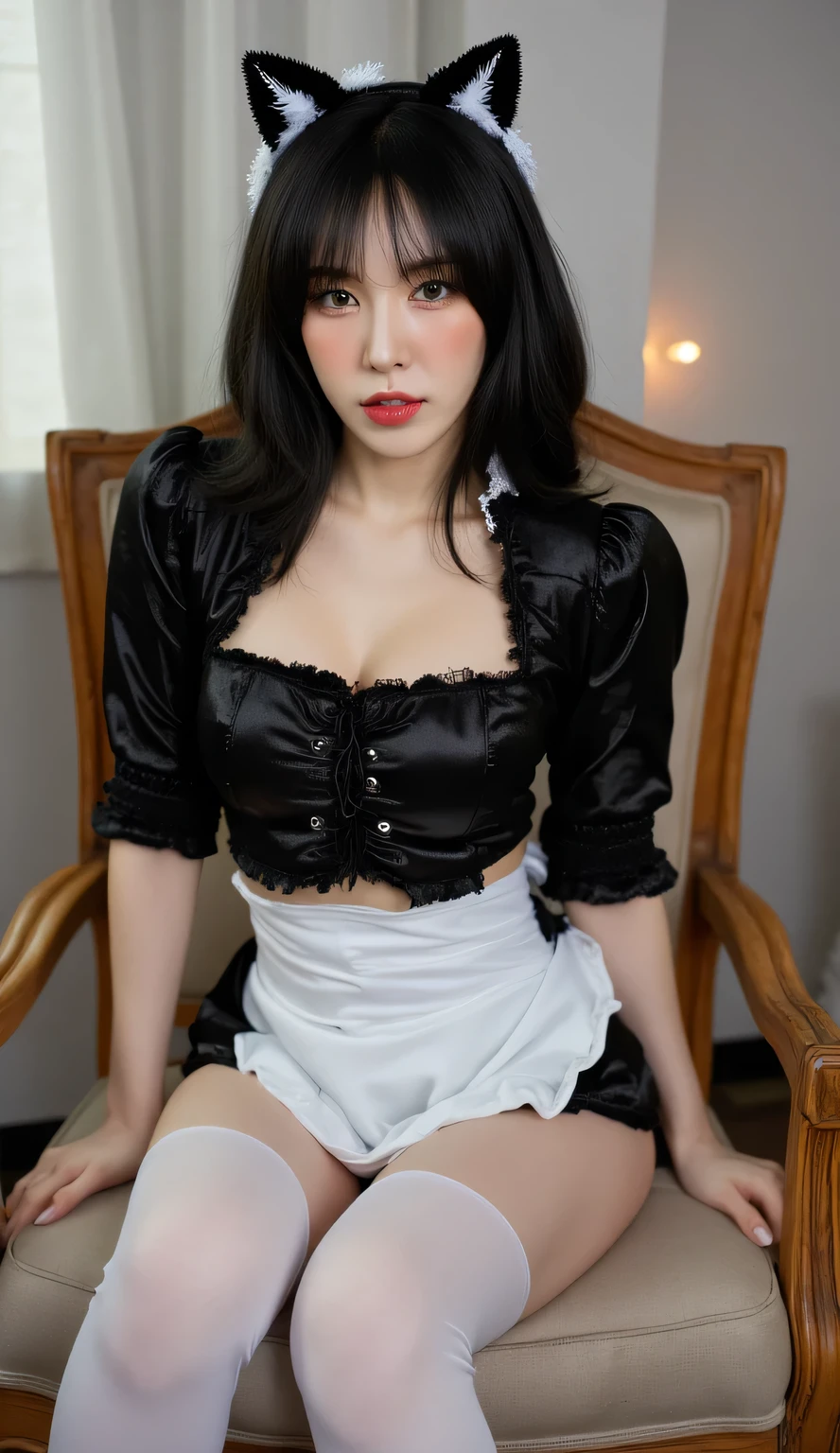  (white and black theme:1.4), (fusion of (sleevelesswhite high neck and collared [crop top]) and (black puff sleeves):1.4),(white tops and black short sleeves:1.2), (wearing a white half apron over a black skirt:1.4), (waist cincher:1.3), (whitehalfapron), ((white maid head-band with ruffles on head, white brim on head):1.3), (white thigh high stockings:1.4), ((white arm warmers, white long glove):1.3), (black heeled pumps:1.2), (light-blue theme:1.2), (light-blue lines on skirt:1.3), (light-blue ribbon bow:1.3),((highest quality)), ((masterpiece)), (detailed),( Lanky:1.3)(( in the cafe)),美しい韓国人woman, 美しい若い韓国人woman, Young and adorable Korean face, ゴージャスな若い韓国人woman, Korean Girls, Girl cute beautiful face, 韓国のwomanアイドルの肖像, Young and pretty Asian face, Cute natural anime face,Asian pretty face, ((highest quality)),(((nipple))),(detailed), Perfect Face,((One girl)), (scrawny：weight1.0〜2.0)iris, Elevation, space,( big eyes:1.5 ),(Natural Light),Dramatic lighting, Chiaroscuro, Emotional depth,woman,((nude)),((show off nipple)),((small breasts)), ((flat chest)),naked,slender, a short bob,delicate,Small breasts,((Small breasts)),the body is slender,Beauty,Beauty,4K quality,Young face,Big eyes,Brown eyes,Perfect Face, 21years old,breasts are very small,Model Body Type,Cute Face,Pink nipples,Symmetrical eyes,Glowing eyes,Natural smile,((Always show your boobs)), ((flat chest)), ((Gaunt)),beautiful,((a short bob)), ((half body)), topless,modelshoot style,((intricate choker necklace)), (embarrassed,blush:1.3),,(steam:0.8),(wet:0.8),(sweat:0.8),(trembling:1.3),(parted lips:1.4),(harf open eyes:1.6),(feeling weak:1.5), (lips),(intricate earrings),((nipple)),((woman posing for a photo))