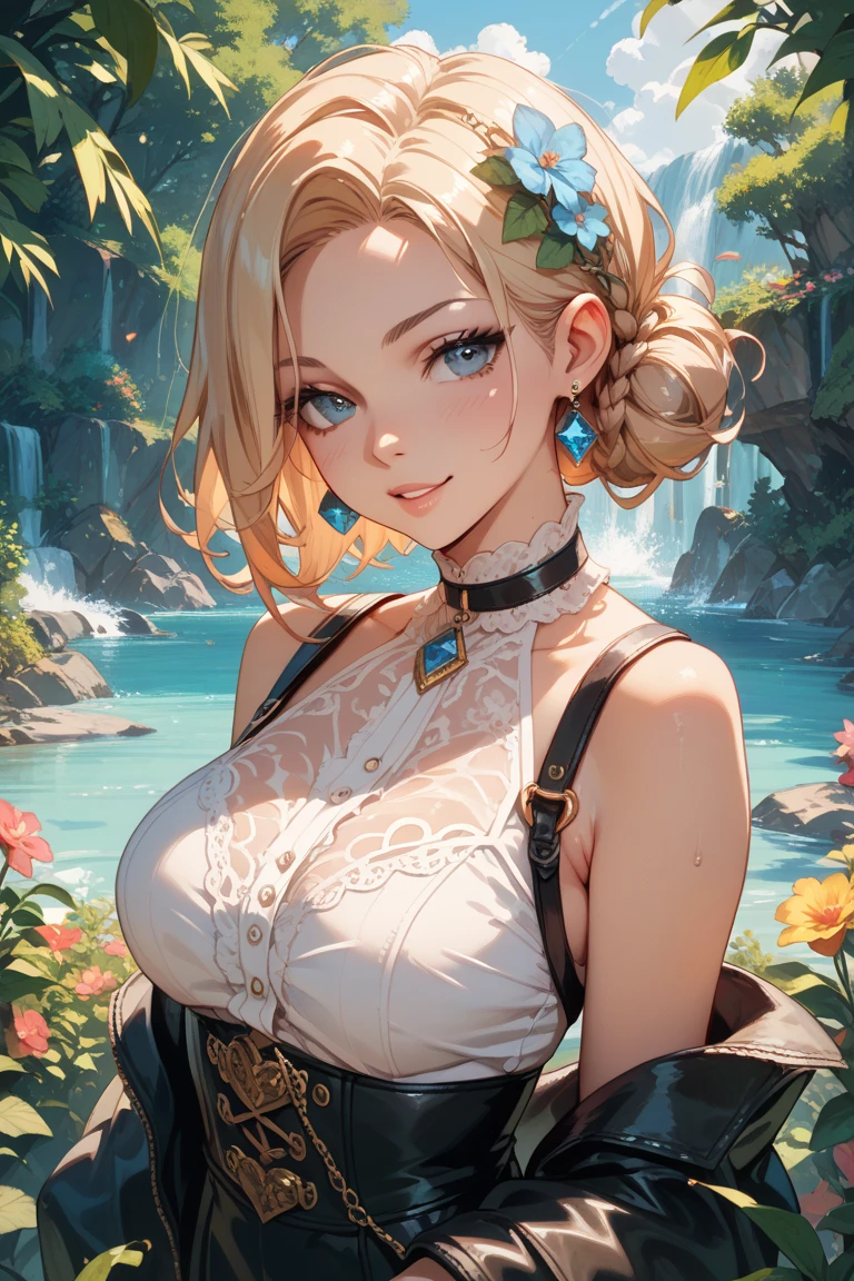 ((masterpiece)),(bestquality),((ultra-detailed)), ((beautiful detailed sky)), ((cinematic lighting)), depth of field, (dynamic angle),detailed lighting,(beautiful detailed eyes),outdoors, red lip, smile,eyeshadow,large breast, sexy, cleavage, bare thighs, doridef