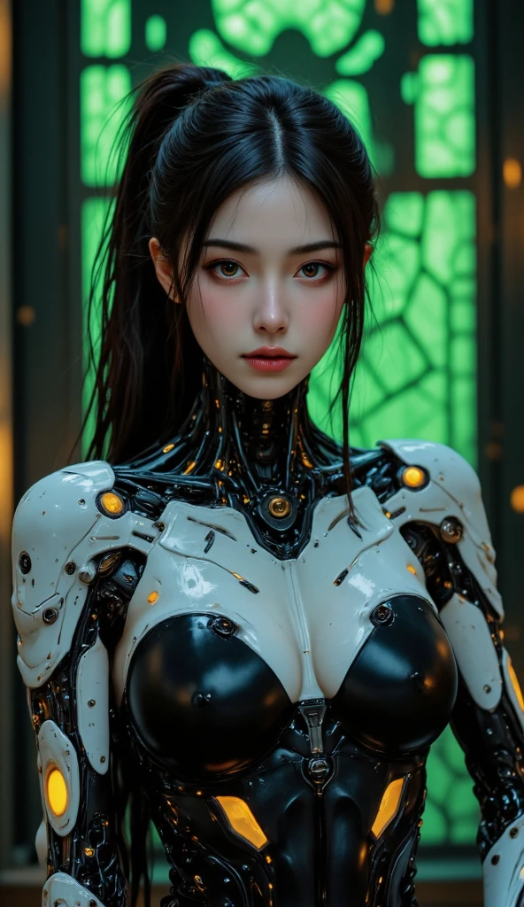 City of the Future, (Raw Photos: 1.2), (Photorealistic: 1.4)) Top quality masterpieces, very delicate and beautiful, highly detailed CG, Unity, 8k wallpapers, amazing, fine details, masterpieces, highly detailed CG Unity 8k wallpapers, absurd, incredibly absurd, cute, top quality, masterpieces, ultra high resolution, (Photorealistic: 1.4), raw photos, 1 girl, black hair, shiny skin, 1 mechanical girl, (ultra-realistic details)), portrait, global illumination, shadows, octane rendering, 8K, ultra sharp, big, cleavage exposed raw skin, metal, intricate ornament details, headset, hydraulic cylinder, very intricate details, realistic light, CGSoation trend, purple eyes, glowing eyes, facing the camera, neon details, mechanical limbs, blood vessels connected to tubes, mechanical vertebrae attached to the back, mechanical cervical attachment to the neck, wires and cables connecting to the head, evangelion, cyberpunk, small LED lamp,