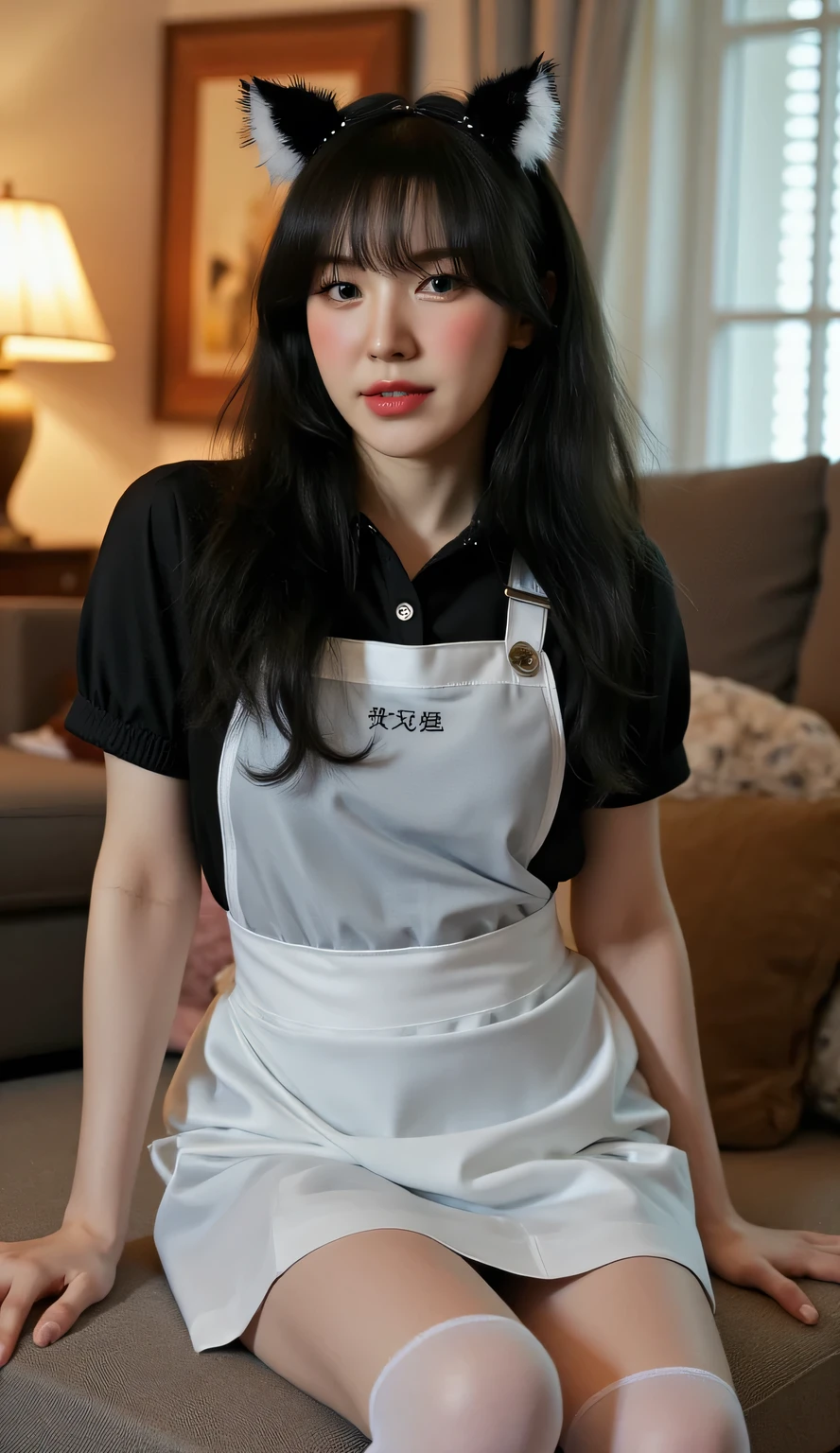 photo of Cristiano Ronaldo as a playful maid, 1girl, apron, amazing body, pronounced feminine feature, busty, kitchen, flirting with camera