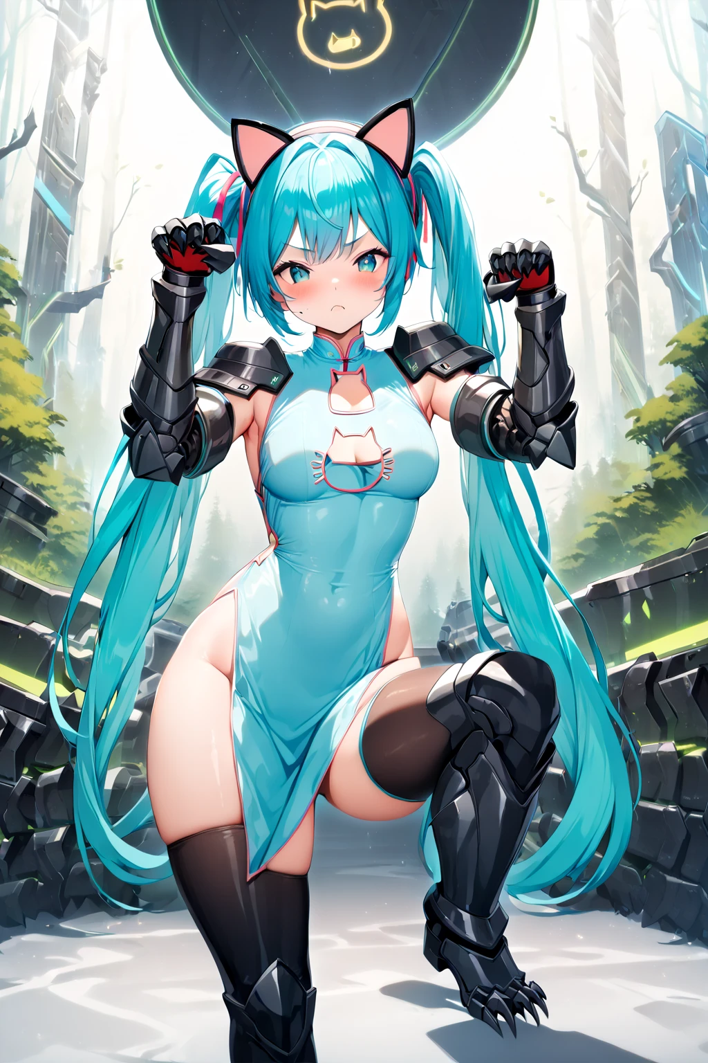 top-quality、Top image quality、​masterpiece、Android Girl((sixteen years old,Body full of scars、Broken cybersuit glowing black, red and white、Blue energy source for the chest,Best Bust、Bust 90、Light blue shiny hair、Longhaire,Cyber Skirt、Blue-green eyes、open chest wide、Valley、Happiness、A slender、the whole body is wet、Fall to the floor、Kneeling)）hiquality、Beautiful Art、Background with((Magical Night City、Very heavy rain))、masutepiece、Elaborate design、visualart、Theatrical films