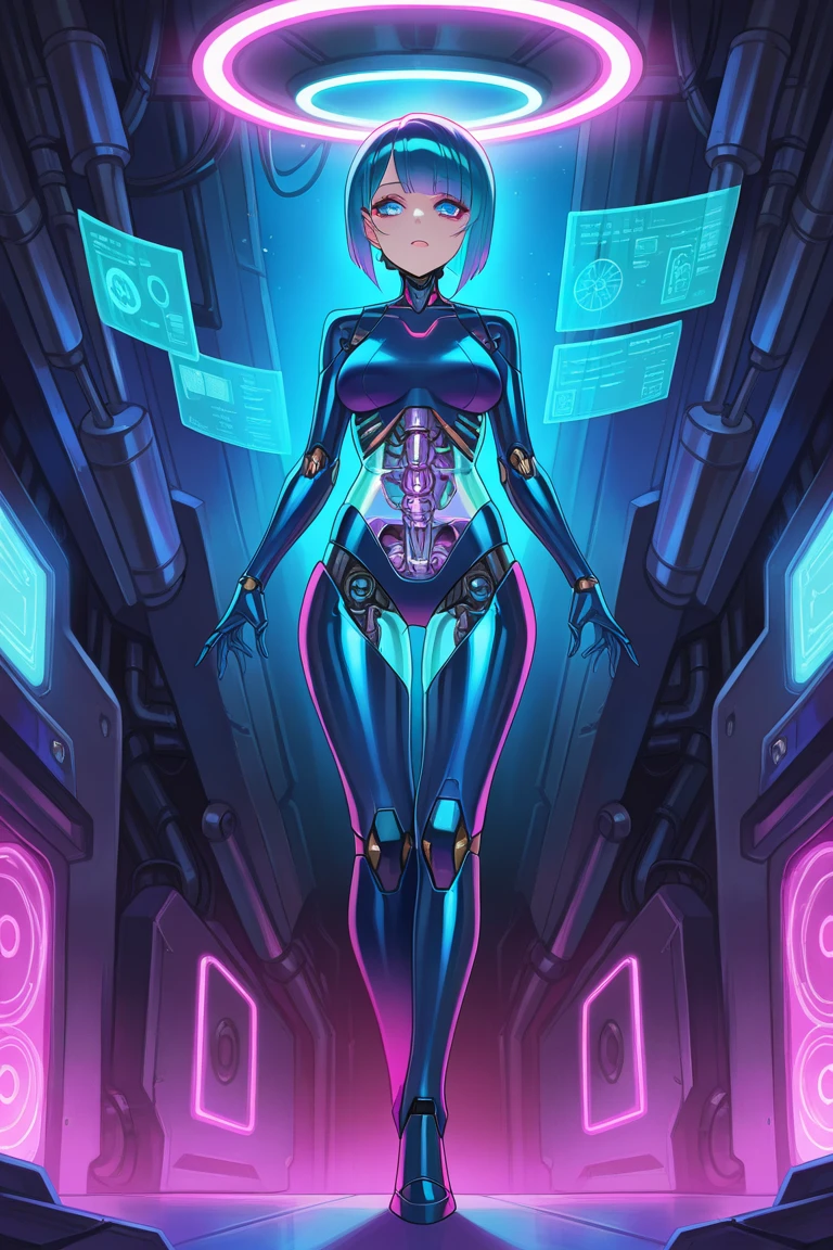 source_anime, robot skin, score_9, score_8, score_7, score_6, robot girl, android, rainbow hair, pixie cut, robot joints, freckles, fair skin, skin tone, petite, breasts, android girl, joints, blushing, in a futuristic computer lab, surrounded by industrial equipment, standing at attention, wires, computers, cables, futuristic industrial equipment, cute, colorful skintight leather suit, attitude,
masterpiece, 8k, highly detailed, dynamic, dynamic lighting, cinematic lighting, intricate,
SimplePositiveXLv2, <lora:RobotSkin_Pony_v1.05:1>