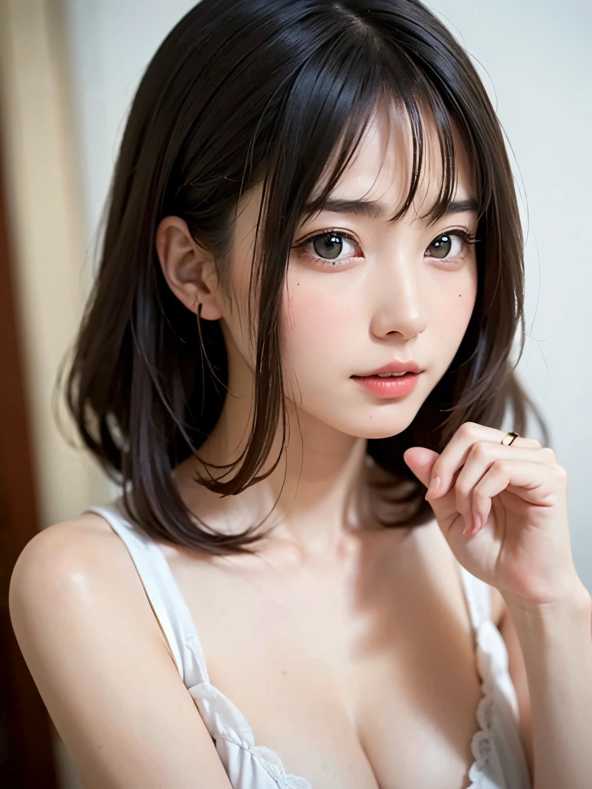 masterpiece, Best Quality, 8K, 20 yo, Large breast, cuddly, Solo, sad, Cute, Girly, Delicate girl, Neat and clean beauty, Raw photo, Professional Photography, Portrait, Soft light, Professional Lighting, Back lighting, Upper body, Looking away, Sophisticated, Film grain, (Eyes and faces with detailed:1.0), short length floating hair, beautiful flowing hair, bangs, Silk Color Blouse