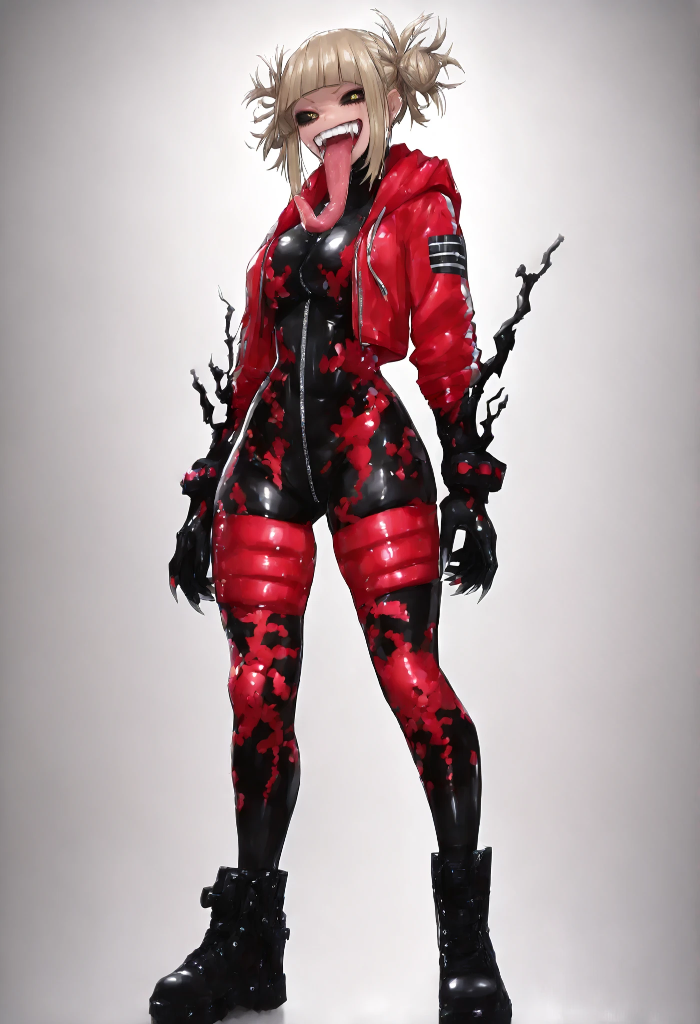 (My Hero Academia Style), (High Quality), (1girl), (solo), (female), (anthro), ((perfect face)), (((perfect hands))), (((perfect anatomy))), (Thigh Gap), (Knee gap), (ankle Gap), ((Gluteal Fold)), ((Full Body Photo:1.5)), ((looking at viewer)), ((skindentation)), (Standing), ((Himiko Toga)), (((Gwenom Cosplay)), ((Symbiote Bodysuit)), ((Symbiote Hoodie Bodysuit)), ((Fullbody Hoodie Bodysuit)), ((Hoodie Bodysuit With Teeth)), ((Symbiote Bodysuit With Teeth)), ((Black Symbiote Bodysuit)), ((Black Symbiote)), ((Fullbody Black Bodysuit)), ((Sharp Teeth)), ((White Teeth)), ((Pink Long Tongue)), ((Long Tongue)), ((Black Loose Croppet Symbiote Jacket)), ((Croppet Open Symbiote Jacket)), ((Open Symbiote Jacket With Teeth)), ((Hood Down)), ((Messy Hair)), ((Side Hair Buns Hairstyle)), ((Short Blunt Bangs)), ((Parted Blund Bangs)), ((Straight Blonde Hair)), ((medium sidelocks)), ((V-Shaped Slim Eyebrows)), ((Long Eyelashes)), ((Thick Eyeliner)), ((Black sclera)), ((Yellow Eyes)), ((Blonde Eyebrows)), ((Medium Breasts)), ((Thick Thighs)), ((Very Thick Claves)), ((Thick Toned Waist)), ((Skin Tight Bodysuit)), ((Bodysuit Tucked in Jacket)), ((Black Low Heel High Shin Combat Boots)), ((Thick Combat Boots)), ((Black Fingertip Nail Claws)), ((Sharp Claws)), ((Droopy Eyes)), ((Smug Smile)), ((Open Eyes)), ((Tongue Out)), ((Saliva)), ((Upper Teeth only)), ((Fangs)), ((Simple Gray Background)), ((Superhero Costume)), ((Gwenom Costume)),