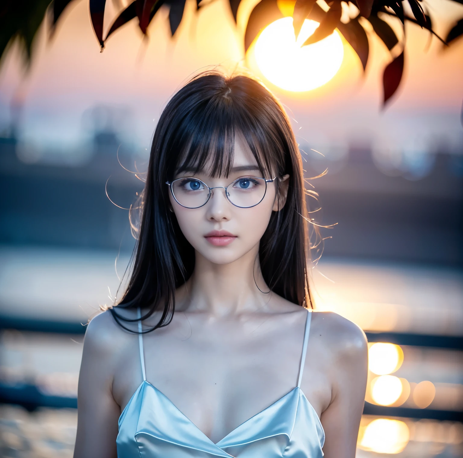 8K quality, pictures, Two beautiful men and beautiful women, (Beautiful like a goddess), The backlight of the intense sunset is dazzling, Above chest, (A shirt with no exposure at all), (Fine silver glasses:1.2), (Brilliant, beautiful, bright blue eyes:1.2), (Beautiful hair blowing in the wind), (White Porcelain Whitening Skin), Half up with bangs, Big Breasts, Photograph,