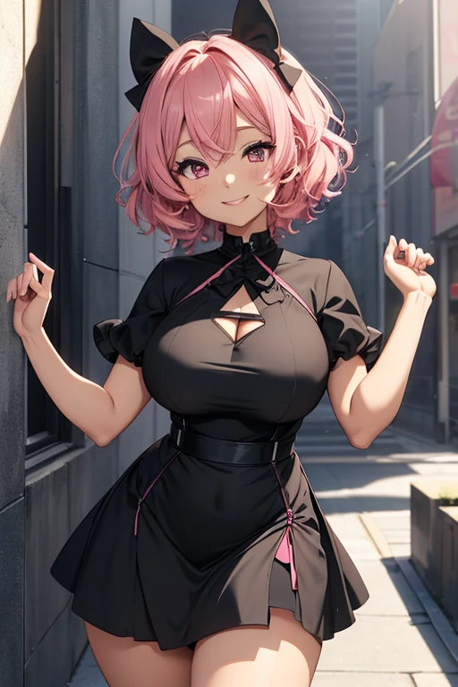 (Highest quality, 4K, 8k, High resolution, masterpiece:1.2), Very detailed, Picturesque, Animated Photography, Photo Animation:1.37)、Japanese schoolgirl、(Pink Hair)、(short hair)、(butterfly hair)、Black choker、storehouse、Fold your hands behind your body、Ecstasy face、Gothic Lolita Clothing、Sweat、Are crying、vapor、trembling、Nakano Nino