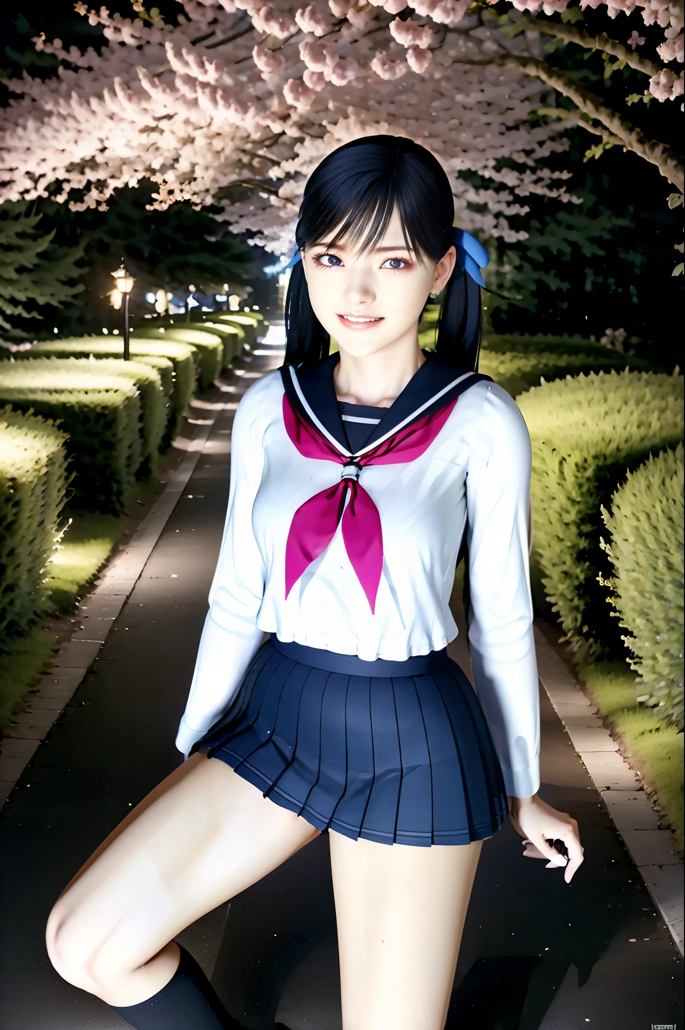 (8k, Best Quality , masterpiece:1.2), ( realistic, photo- realistic:1.37), very detailed, Best Quality , Super fine, professional lighting , photon mapping , radiosity, teeth、、represents a spectacular natural lscape with physics-based rendering, cinematic lighting to st upright , Late night road, The depth of the letter frame , sitting on a chair and concentrating sharply ,SUNSHINE, good configuration,(Bokeh:1.2) one girl on her back, alone,(full body), ( 彼女teeth口を閉じた ), Beautiful Cute Eyes , pause, A slim waist from the video department, Japanese High School Girls , BLACK HAIR, holta bra, long hair ,sailor、black high socks、女子高校生のsailor服、happy smile、彼女teeth幸せ、