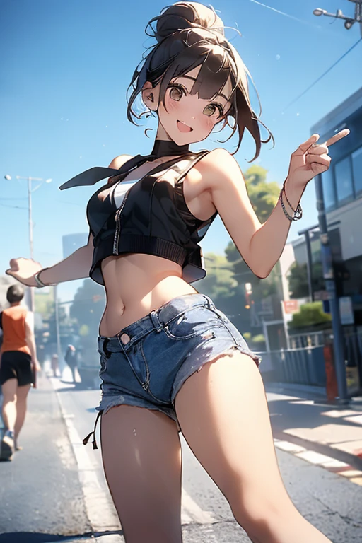 top quality, (Masterpiece: 1.3), (Maximum resolution: 1.2), (Ultra HDTV: 1.2), Cinema light, Ultra HDTV, (Detailed eyes and skin), (Detailed facial features), HDR, 8k resolution, Sharp Focus: 1.2, (solo DJ girl:1.6), ((Dancing wildly in a melting pot of excitement, motion blur: 1.6)), (dynamic angle:1.5), (dynamic pose:1.5), Perfect style, beautiful face, accurate, anatomically correct, highly detailed face and skin texture, detailed eyes, red eyes, double eyelids, thin eyebrows, glitter eyeliner: 1.2, blushed cheeks, round face, glossy skin, fair skin: 1.2, (glossy lips: 1.4), (heart shaped pupils) BREAK first-person-view, ((Wearing vivid bikini top, extra low rise denim shorts as bottom, and sexy side tie panty :1.6)), (playful accessories:1.5),(DJ headphone:1.4),  (confident look:1.2), (excited:1.8), innocent and Cute girl, ( glossy black hair with vivid red side line colors:1.5 ), ( shaggy shortbob, messy hair:1.6), BREAK (Full body shot: 1.2), (focus on lips), (medium large breasts:1.2), ((( at the RAVE festival deep in the mountain , at night : 1.6)), (very lewd atomosphere:1.6),