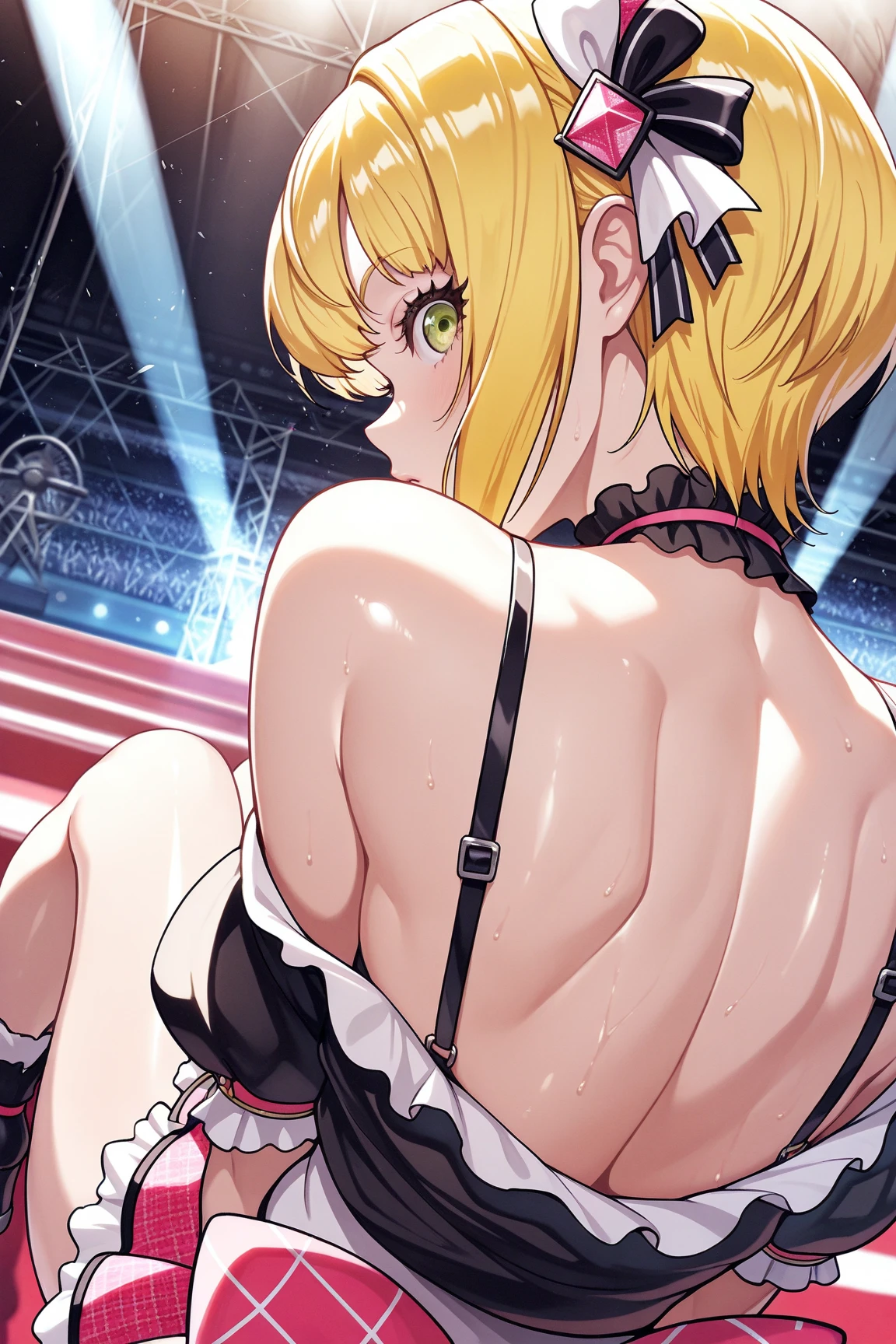 igawa, (naked),(Corset:1.2),medium breasts,cleavage,erected nipples, Maid headdress,blonde hair,bobcut, purple eyes, looking at viewer, bar counter,pub,(highres, high quality:1.1), intricate details, cinematic lighting, 1girl,(red blush,embarrassed),spread legs,all-fours,Raise your butt high,((1man and 1woman,having sex:1.2)),man hold woman's waist,doggystyle,nsfw,spanking,from side,blow job