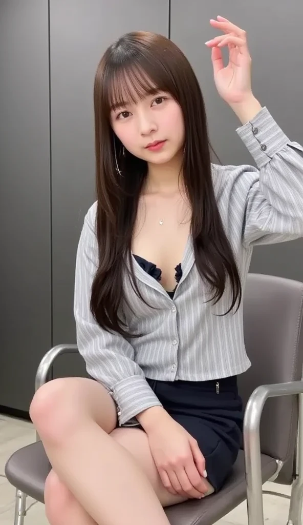 mix 4, (16K, Raw photo, best image quality, masterpiece: 1.45), (realistic, Photoreal: 1.37), one girl, cute, cityscape,, professional lighting, photon mapping, school classroom, Physically based rendering, dark brown hair,medium long hairstyle, Beautiful well-groomed eyes、((double eyelid))、 (((school uniform、blazer、Long-sleeved shirts worn by Japanese high school girls、navy blue mini skirt,、navy blue ankle length socks、black loafers))), highest quality photos, High resolution, 1080P, (clear face), (Detailed facial description), (detailed description of hands), (masterpiece), (Detailed CG)、extreme light and shadow、messy hair、master work、Rich details、(detailed facial features)、(highest quality photos)、(Masseter muscle part)、(detailed eye)、look in front of you、thin clavicle、((slender and big))、(((Japanese high school girls wear jackets and long-sleeved shirts)))、((neat idol))、((school gate、schoolyard、School building in the background))、Draw the whole body from the toes to the head、(((Sports bags used by Japan schoolgirls)))、Two arms and two legs、(((from the front:0.7)))、Taking a selfie with a black smartphone in his left hand,Your face is hidden by your smartphone、raise your butt:1.5,bareback:1.5,