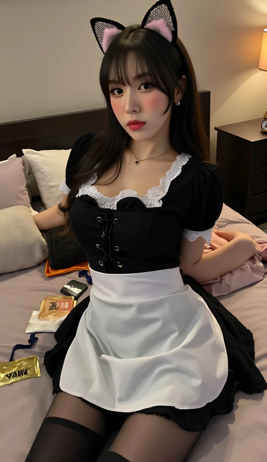 a woman, sleeping on your back in the bedroom, shirt looks full body, body facing the camera, eyes looking at camera , using a black waitress uniform with a long apron of white color, long stockings black, big size G-cup, thick hair of black color, bras and condoms strewn across the living room, use a cat ear band and a cat's tail behind the waist,