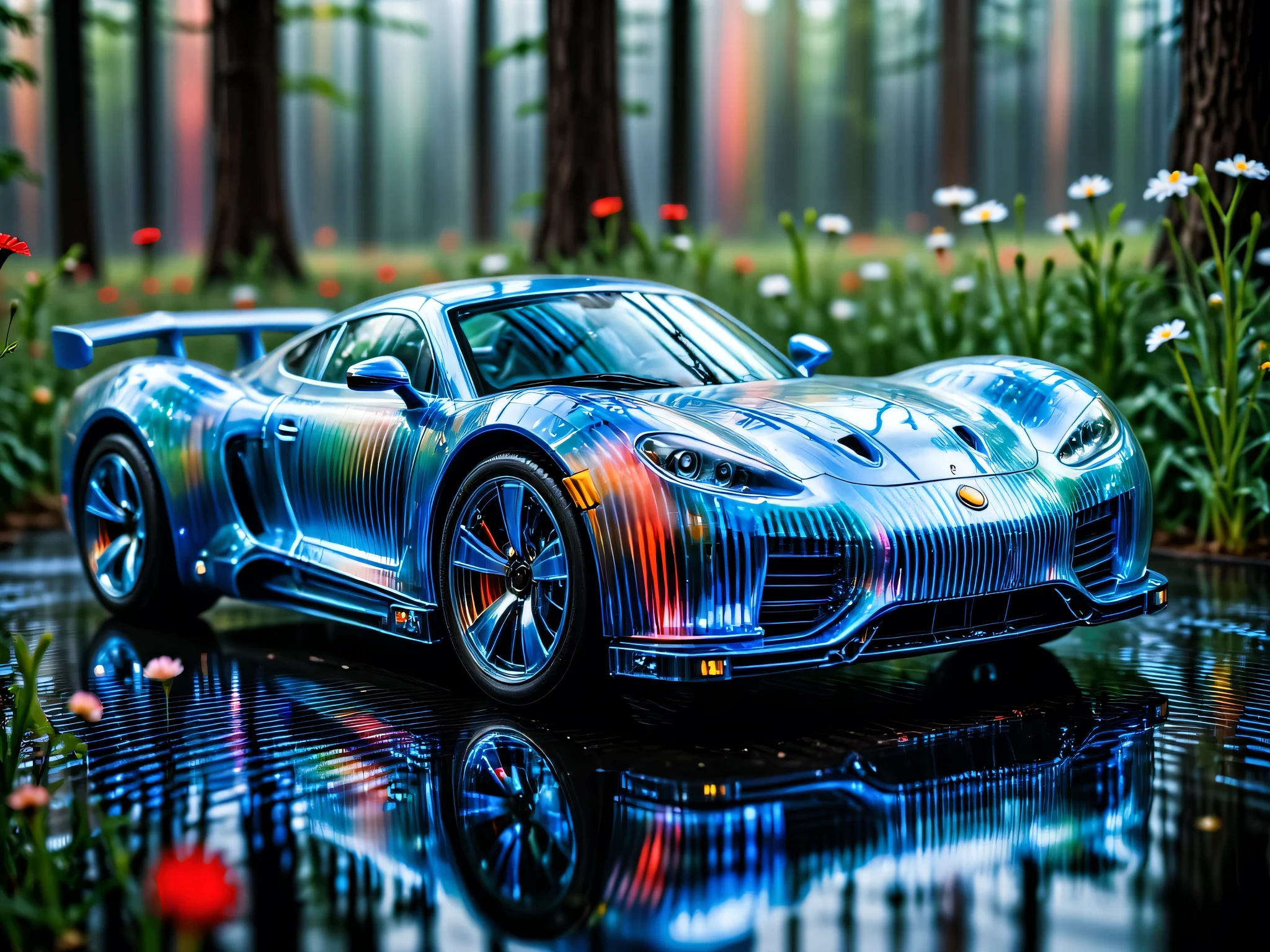 A centrally positioned in the of a futuristic sport car, its mechanical body intricately designed with gleaming metal and polished chrome surfaces. The car body made of transparent, delicate materials, buzz with a subtle hum, reflecting light in iridescent hues. precise gears and sensors, while the wheels glows with soft blue energy, emitting faint pulses as it moves. The car head lamps made of multifaceted lenses, gleam with a sharp, robotic intelligence, capturing every detail of its surroundings. Surrounding it is a lush, hyper-detailed, with pollen grains and dewdrops magnified in the frame, adding a stunning contrast between nature and advanced technology.