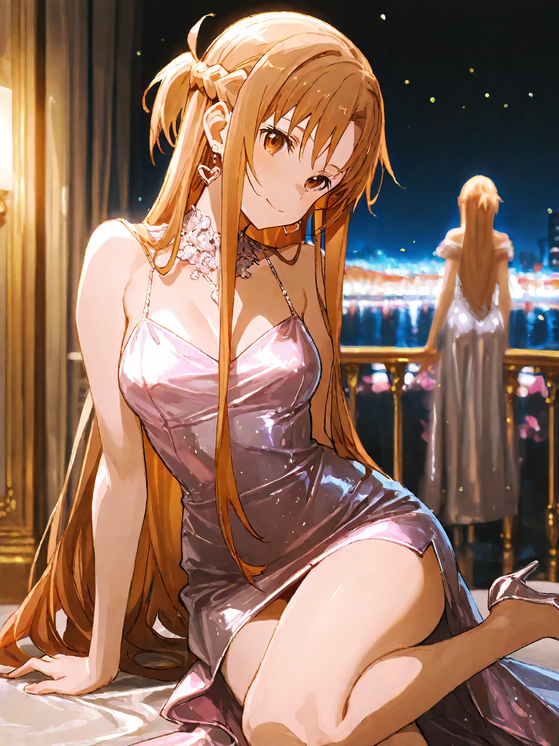 ((highest quality)), ((masterpiece)), (detailed), Perfect Face、Yuuki Asuna、Brown Hair、A woman is talking to a white man in the city at night、（The woman is wearing a luxurious, shiny, gold, see-through dress with a long slit.）、（The white guy is blonde and has a strong body.）、Gorgeous embroidery、Luxurious golden see-through cape、Earrings、necklace、Bracelet、Gorgeous jewelry accessories、The woman wears flashy and luxurious clothes.、Silk gloves、Red lipstick and heavy makeup、Jeweled waist chain、shiny golden boots、Branded bags