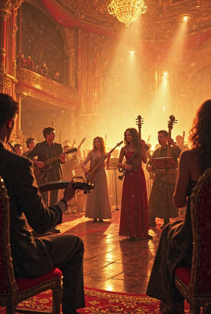 Prompt: Depict a group of mortal and daemon followers in a grand celebration. The scene is filled with music, dancing, and feasting, with the participants indulging in every form of excess. The air is thick with the scent of exotic perfumes and the sound of decadent laughter, while the shadows hint at darker, more dangerous pleasures. Size: 1792x1024