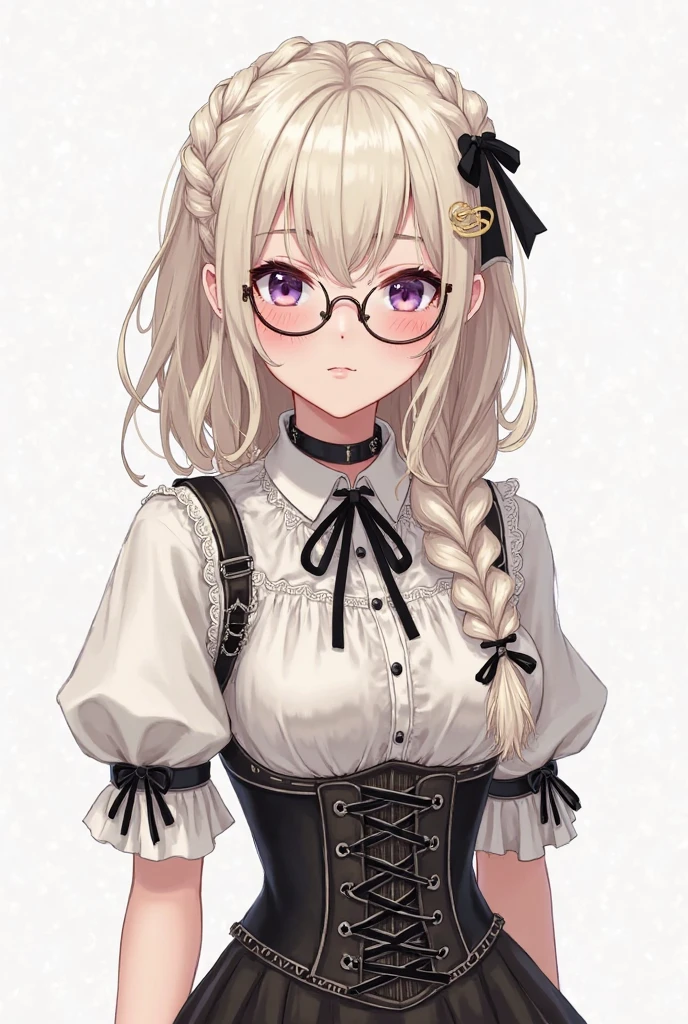 ((Sketch)), ((Watercolor)),((best quality)) ((best quality)), ((masterpiece)), (detailed), HD, Highly Detailed, 4k image, anime style, beautiful young teenage girl, tanned white skin, long waist length hair(white-red hair), soft facial features, peach colored eyes, Frilly long sleeved blouse, pleated A-line skirt, cherry red plump lips, large E-cup breasts, short height(150cm). wide hips and large round ass, silver round-frame glasses, leaning on an elaborate dining table, facing the camera