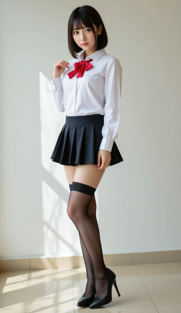 Hight Resolution、high-level image quality、8K、Real due diligence、Raw-Photo、Top Quality、masterpiece、masutepiece、Erotic、Pupils、White lace bra,white skinned,knee,(Flesh-colored Pantyhose),Detail panty pattern、panties focus、White small panties、small panties、Micro panties、absurderes,smaller face、tits huge、Separating bangs from the middle、The forehead is visible,(cold expression<Tight eyes,glare,Optimize,Thin anger)、masterpiece,Top Quality、超High Resolution A,Raw foto,ren,Beautiful fece,One Person, 独奏,Dark look,Small breasts,fullllbody、Very good、JK school uniform,high school girl,Japanese women,is standing,(Photorealcitic:1.37)、photons mapping,Navy Blue Ribbon,realisitic、Cute little face,brown eyes、18 years-old、(red bowtie)、Radio City、physics based rendering(physics based rendering(physics based rendering(physics based rendering(physics based rendering(physics based rendering(physics based rendering(physics based rendering(physics based rendering(physics based rendering(Physically Based Rendering))))))))))、foreground、depth of fields、blured background、a photo of,girls、Body,beauty leg, Long leg, Thin leg,Long Bob Cut,(The bangs are visible), heads, s lips, blue_Ojo, Nosesoft,(light blue see-through shirt), (navy Pleats Skirt), The knee is visible,Sheer Clothes, thigh, 乃木坂アイドル, pornstar, Japanese ido、Glittering Eyes、Shiny Lip、