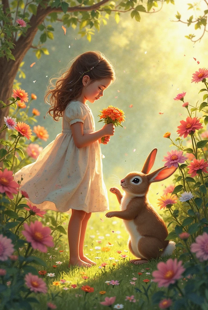 One sunny day, while exploring the garden, Lily heard a tiny squeak. She looked down and saw a small, brown bunny hiding behind a big, red rose.