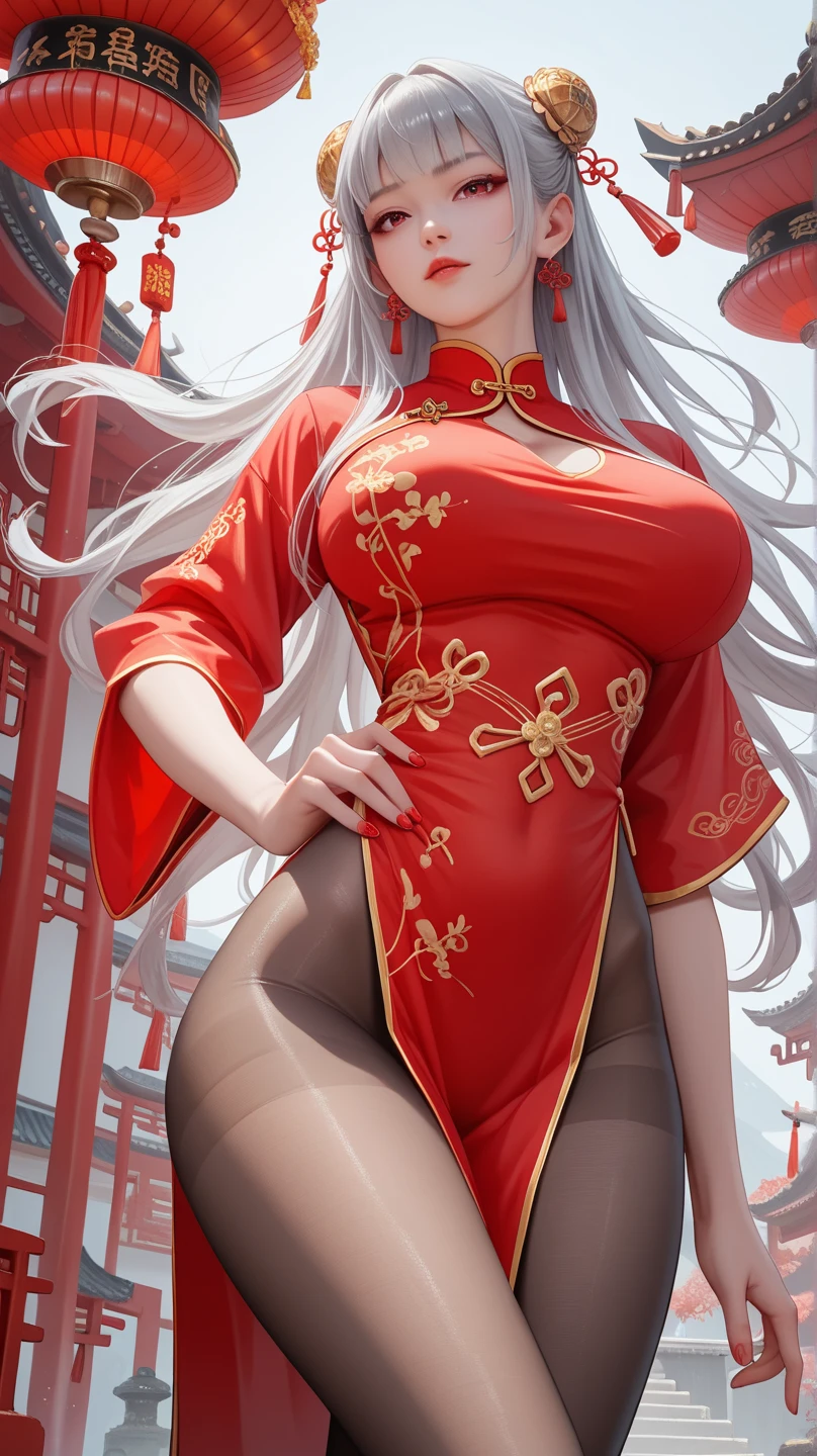 A slim Korean beauty,Good shape,Pretty Face,detailed picture, blush,White long hair, Wearing cheongsam, Wearing black tights, high-heel boots,Wearing black boxing gloves, Standing alone in the ring,Large Breasts,Cleavage,Thin legs,nipple,Camel toe